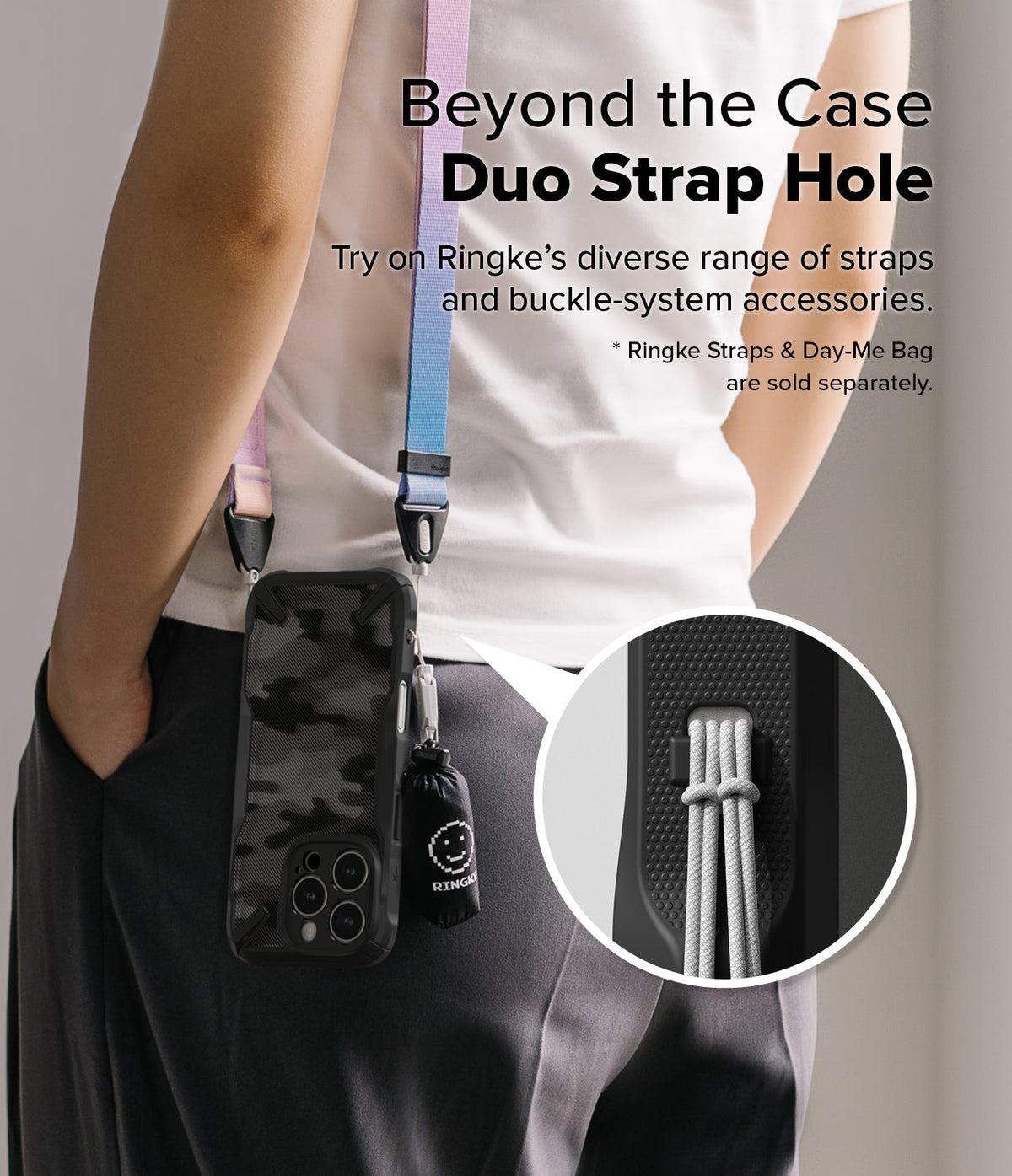 iPhone 16 Pro Case | Fusion-X - Person wearing a camo phone case with a dual strap and small accessory bag attached.