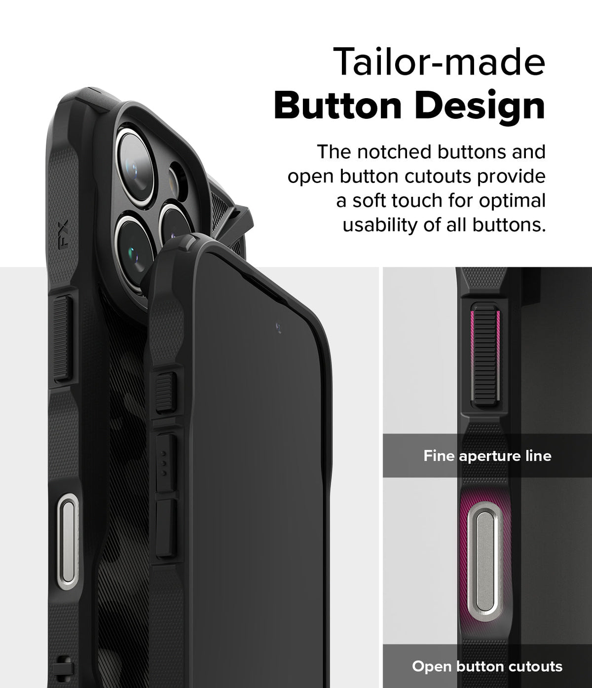 iPhone 16 Pro Case | Fusion-X - Close-up of black phone case showing notched buttons and open cutouts for improved tactile usability.