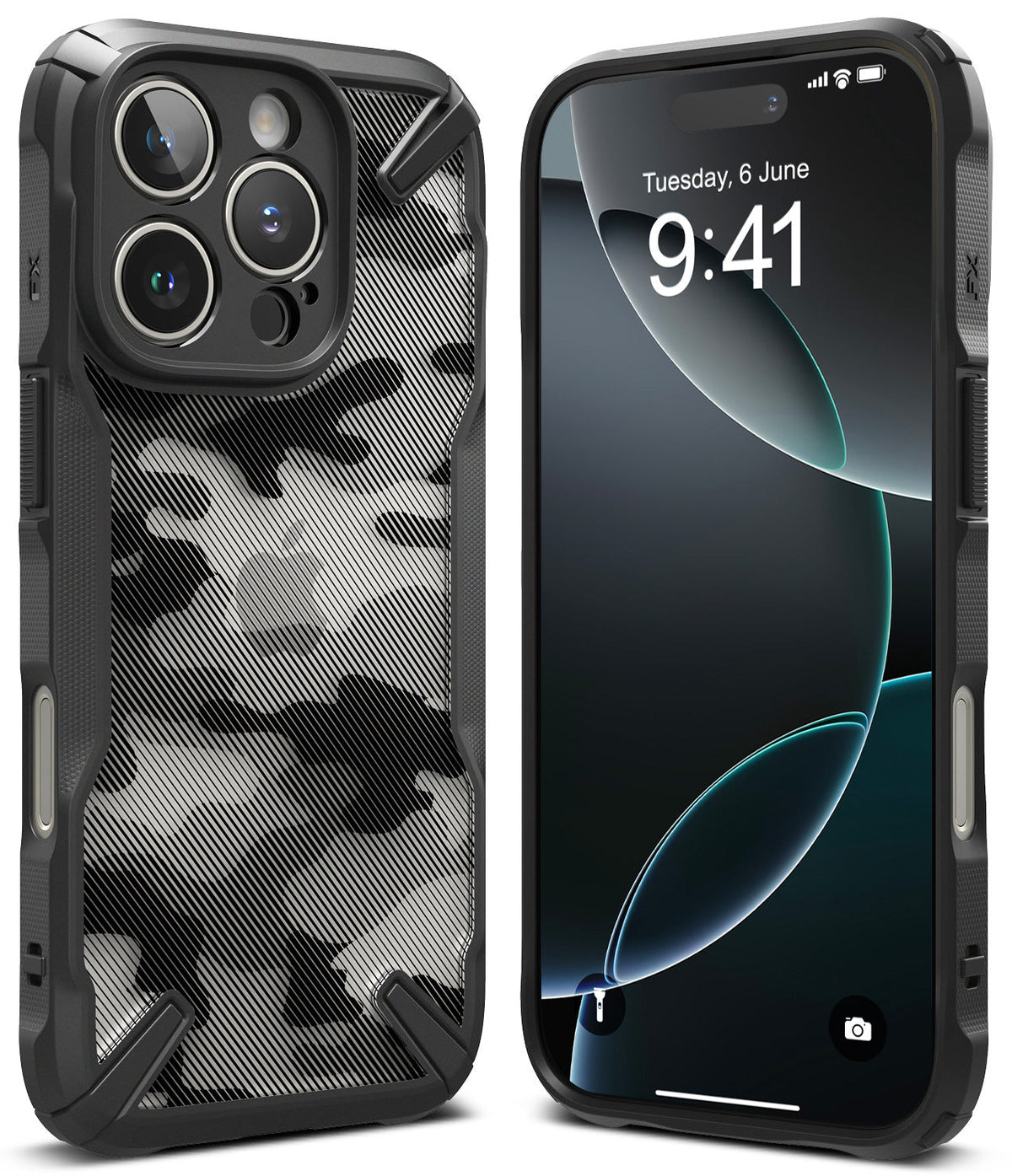 iPhone 16 Pro Max Case | Fusion-X - Black rugged case with a striped camo back, shown from front and rear angles.