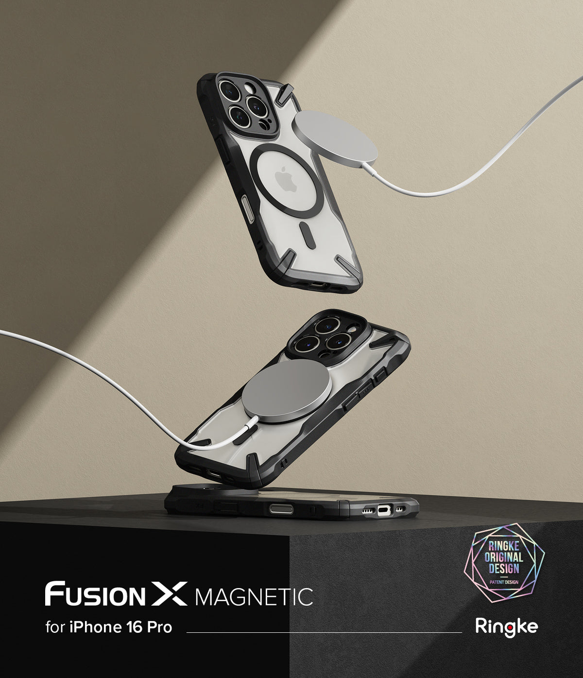 iPhone 16 Pro Case | Fusion-X Magnetic - Two rugged, clear cases with magnetic rings floating above a black pedestal.
