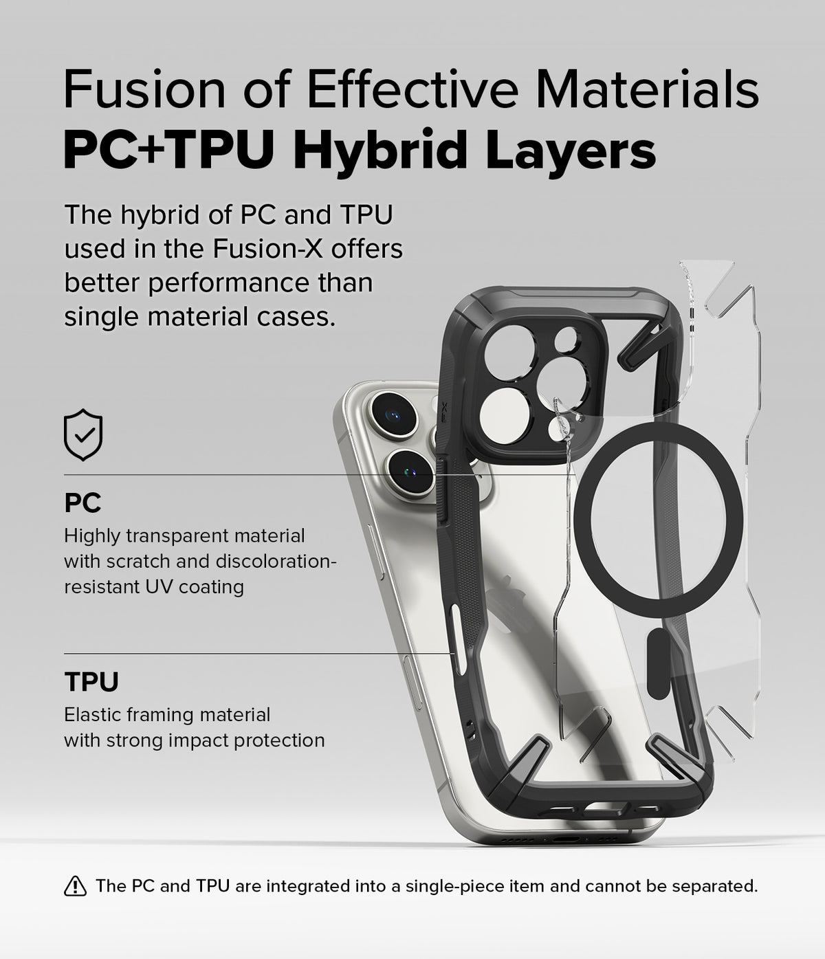 iPhone 16 Pro Case | Fusion-X Magnetic - Exploded view of a hybrid phone case showing transparent PC back and black TPU frame.