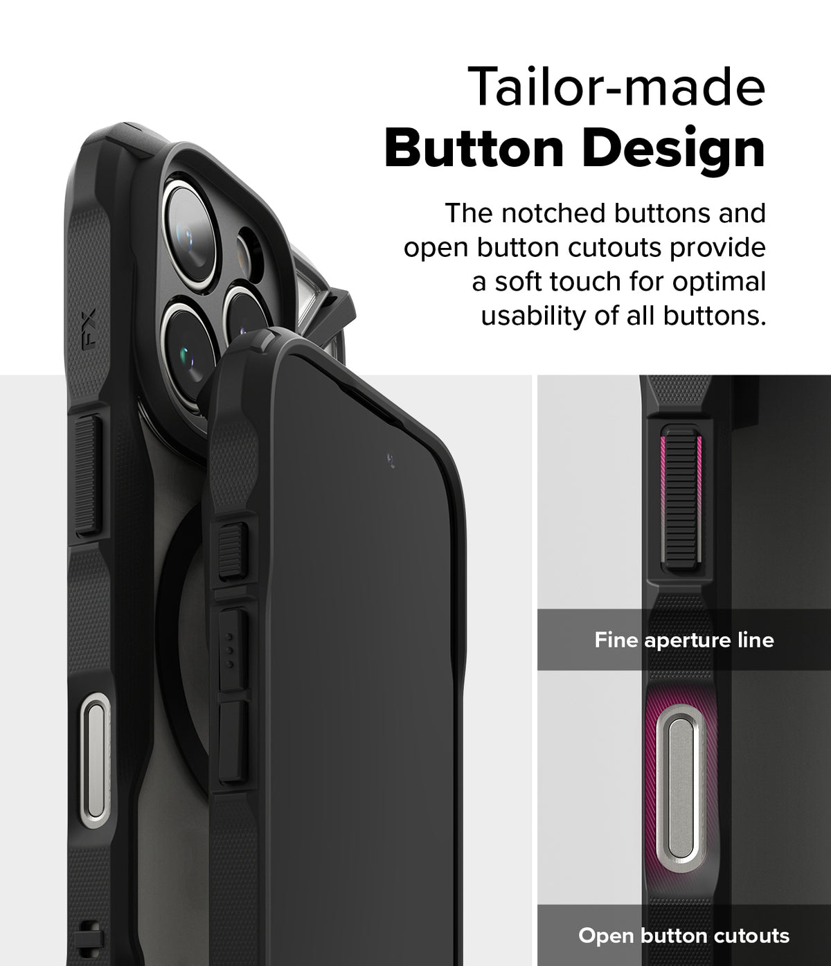 iPhone 16 Pro Case | Fusion-X Magnetic - Close-up of black phone case showing notched buttons and open cutouts for usability.