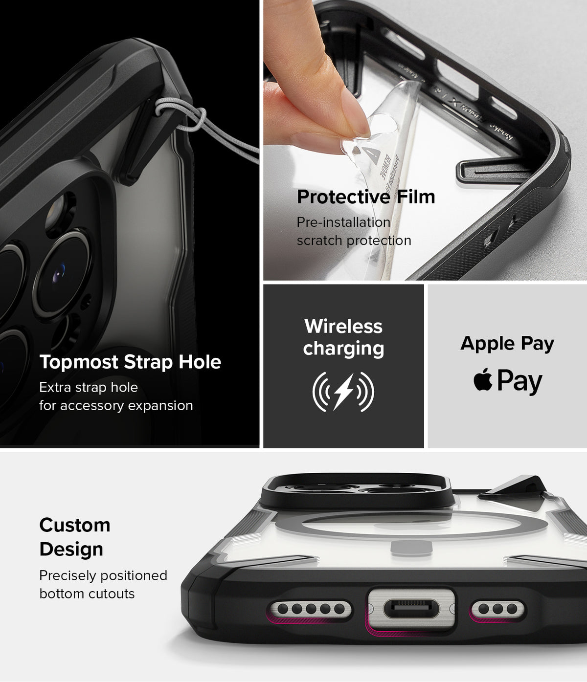 iPhone 16 Pro Case | Fusion-X Magnetic - Features showing strap hole, protective film, wireless charging, and port cutouts.