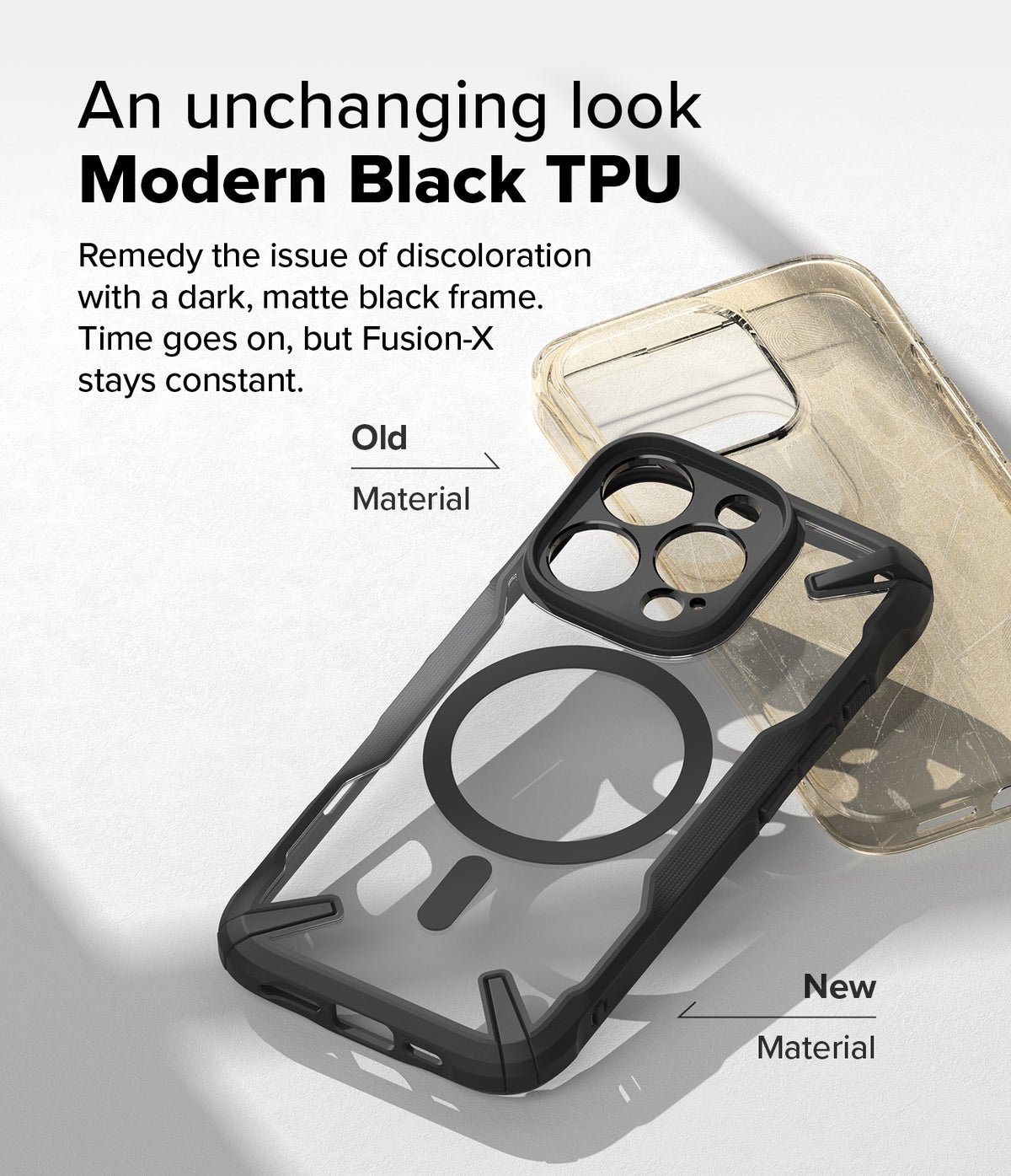 iPhone 16 Pro Case | Fusion-X Magnetic - Comparison of a yellowed old phone case and a new, clear black Fusion-X case.