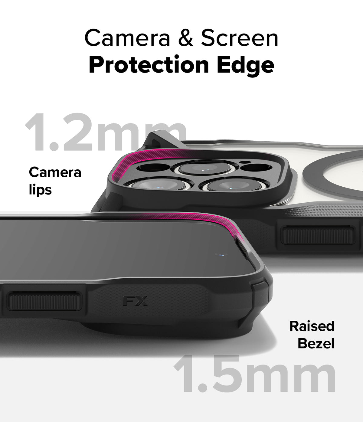 iPhone 16 Pro Case | Fusion-X Magnetic - Close-up of phone case showing 1.2mm camera lips and 1.5mm raised screen bezel protection.