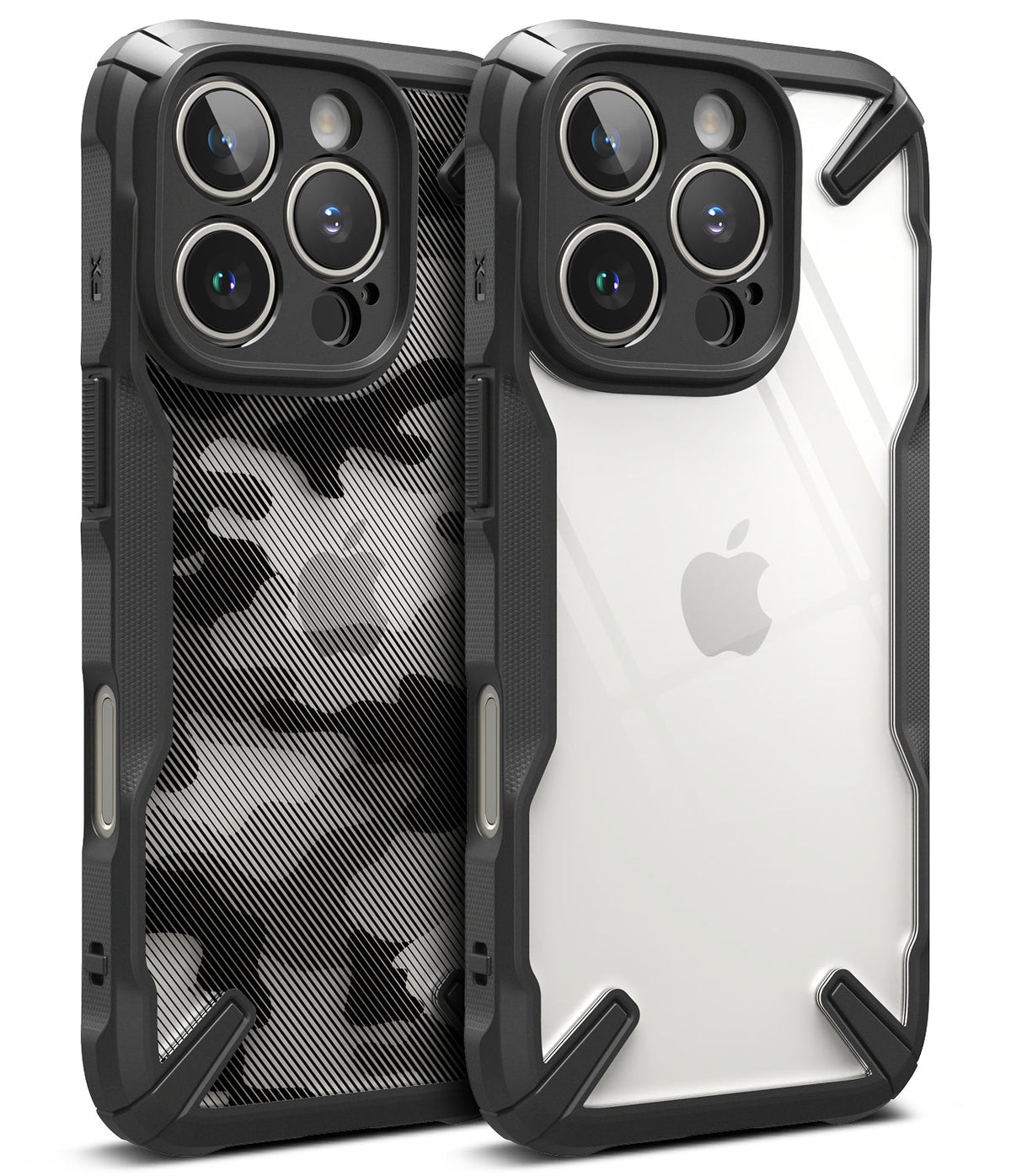 iPhone 16 Plus Case | Fusion-X - Two rugged black protective cases, one with a camo pattern and one clear, showing triple camera arrays.