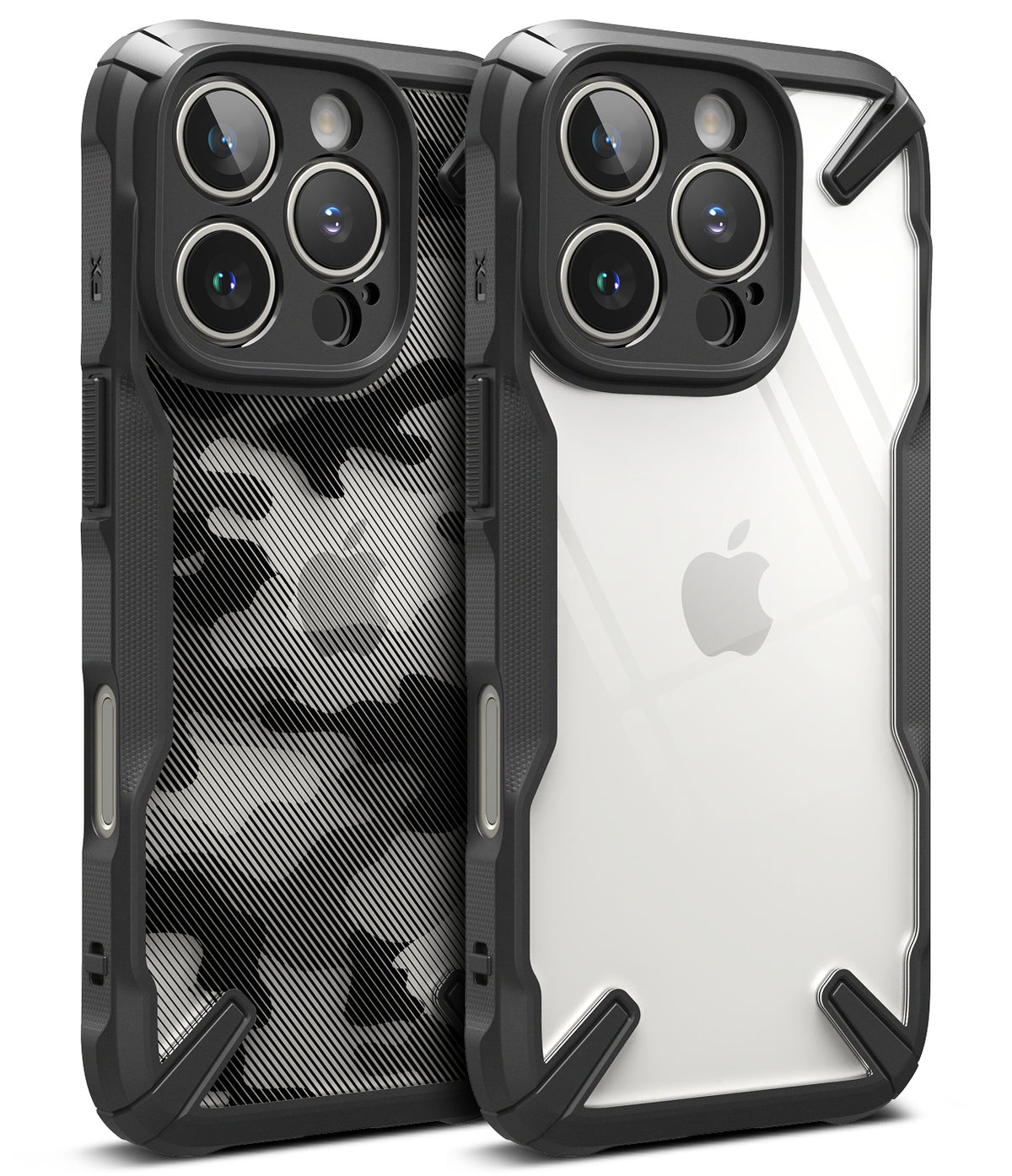 iPhone 16 Pro Max Case | Fusion-X - Two rugged black protective cases with clear and camo back panels for iPhone 16 Pro Max.