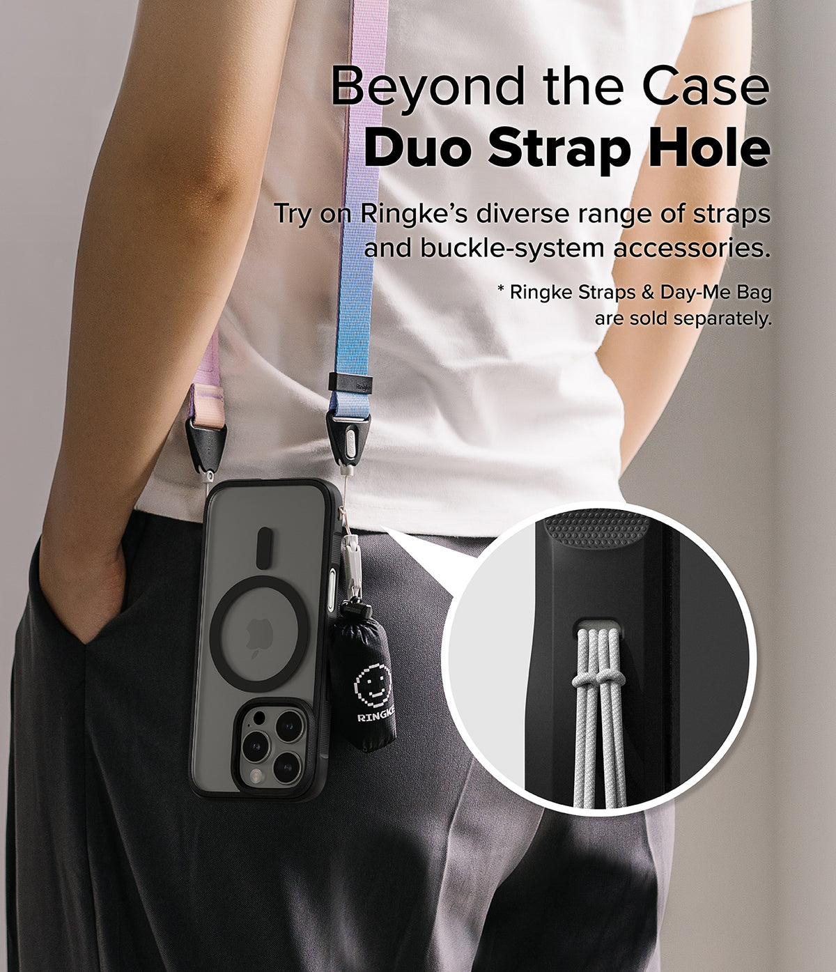 iPhone 16 Pro Case | Fusion Bold Magnetic - Person wearing a phone case with a colorful strap and small bag attached.