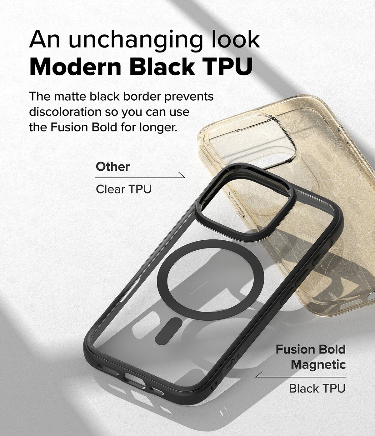 iPhone 16 Pro Case | Fusion Bold Magnetic - Comparison of a clear yellowed case and a clear case with a black TPU frame.