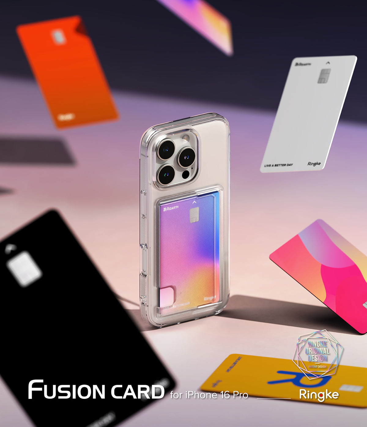 iPhone 16 Pro Case | Fusion Card - Clear phone case with a gradient card slot, surrounded by floating colorful credit cards.