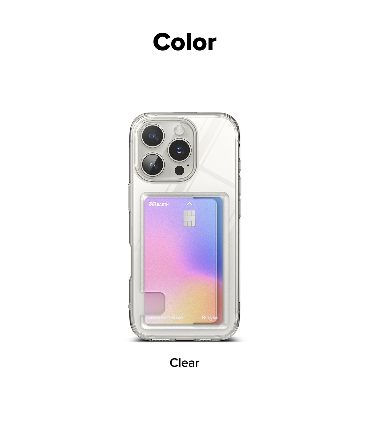 iPhone 16 Pro Case | Fusion Card - Clear phone case holding a holographic card with a triple-lens camera cutout.