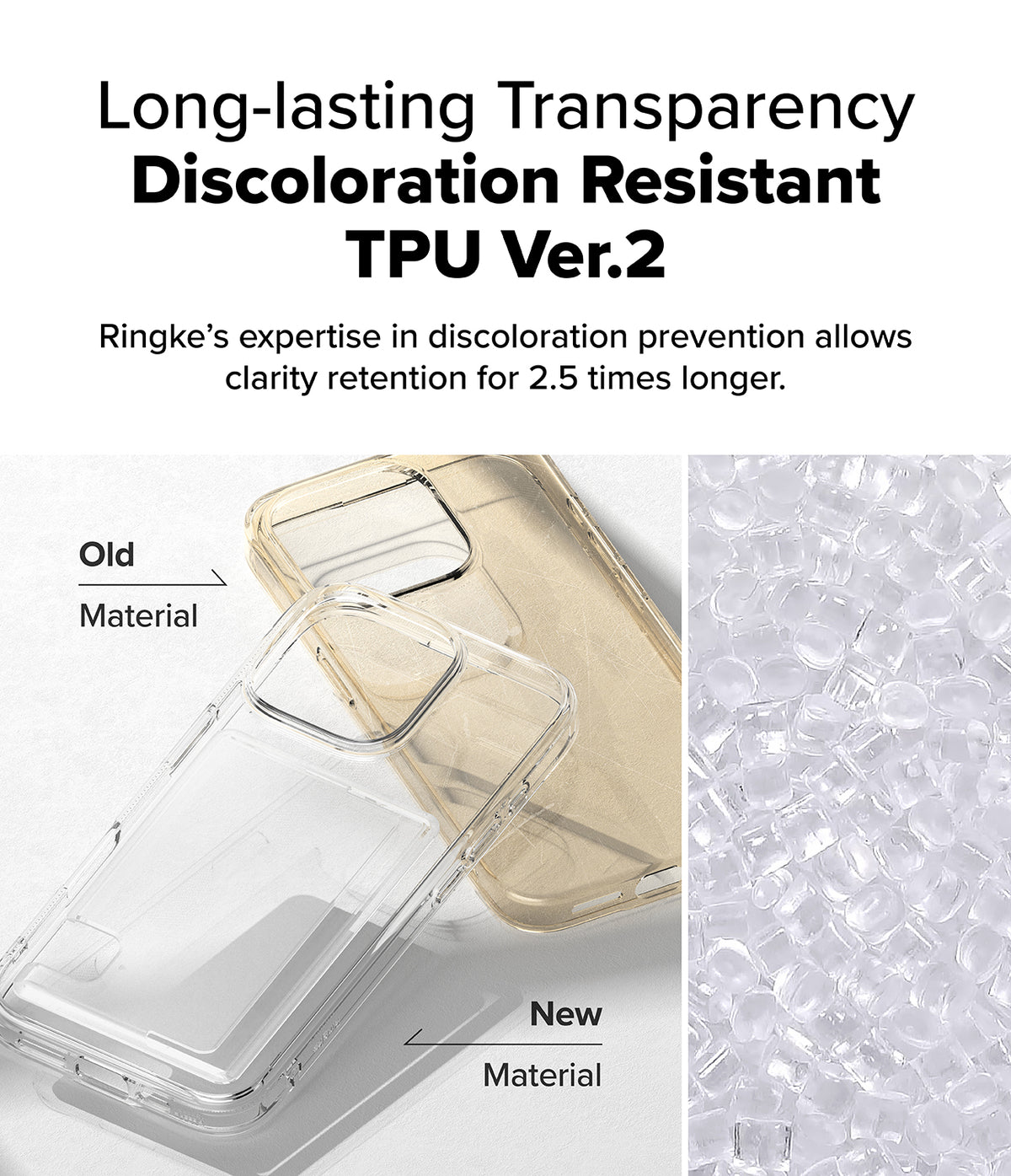 iPhone 16 Pro Case | Fusion Card - Comparison of yellowed old TPU case vs. clear new TPU case material pellets.