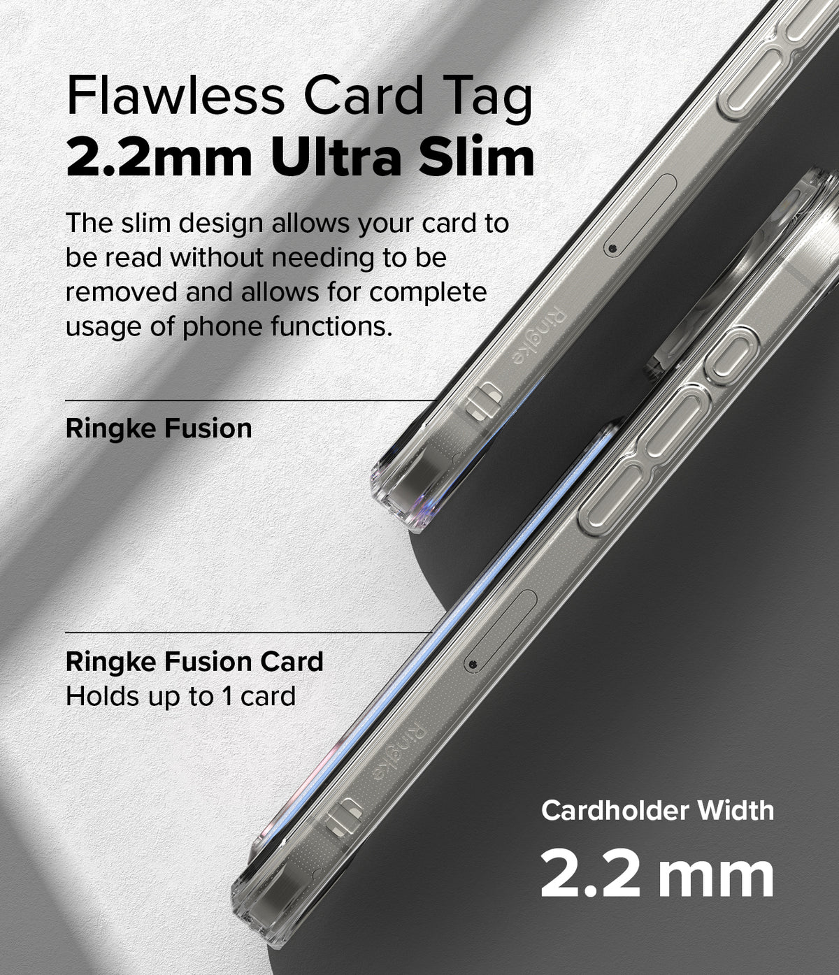 iPhone 16 Pro Case | Fusion Card - Two clear phone cases side-by-side highlighting a 2.2mm slim cardholder design.