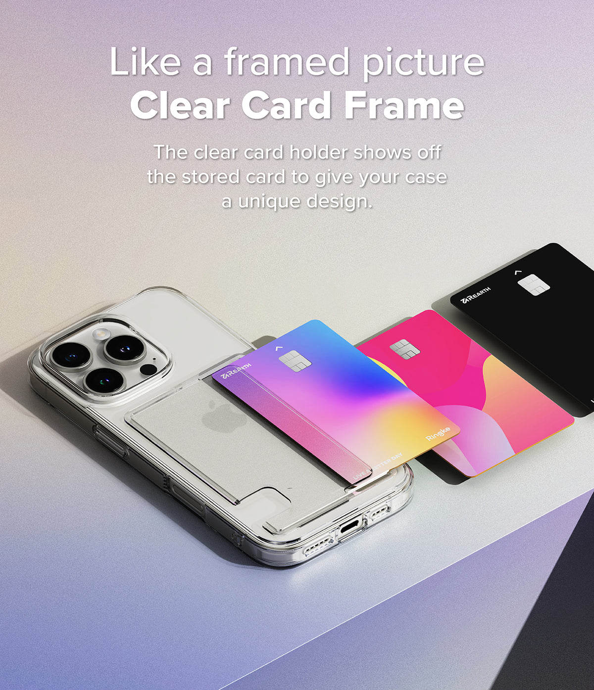 iPhone 16 Pro Case | Fusion Card - Clear phone case with a card slot, displaying colorful credit cards next to it.