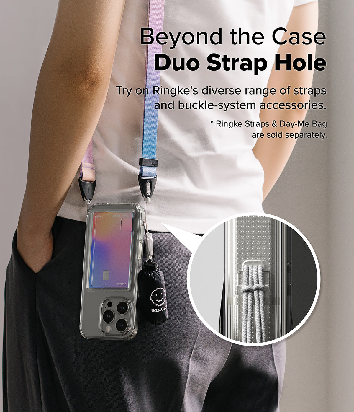 iPhone 16 Pro Case | Fusion Card - Person wearing a phone case with a colorful strap and a close-up of the dual strap hole.