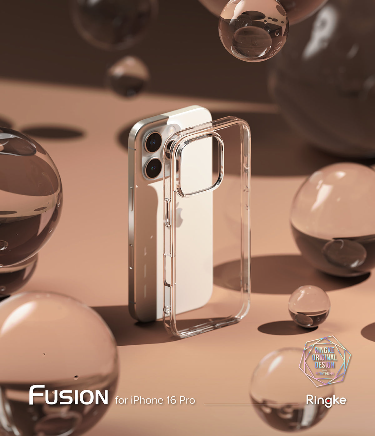 iPhone 16 Pro Case | Fusion - Clear protective phone case standing next to an iPhone 16 Pro amidst floating glass orbs.
