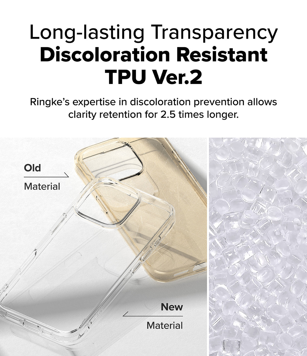 iPhone 16 Pro Case | Fusion - Comparison of yellowed old TPU case and clear new TPU case with raw material pellets.