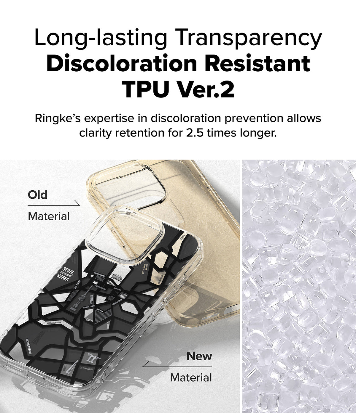 iPhone 16 Pro Case | Fusion Design - Comparison of yellowed old TPU material versus clear new TPU material for phone cases.