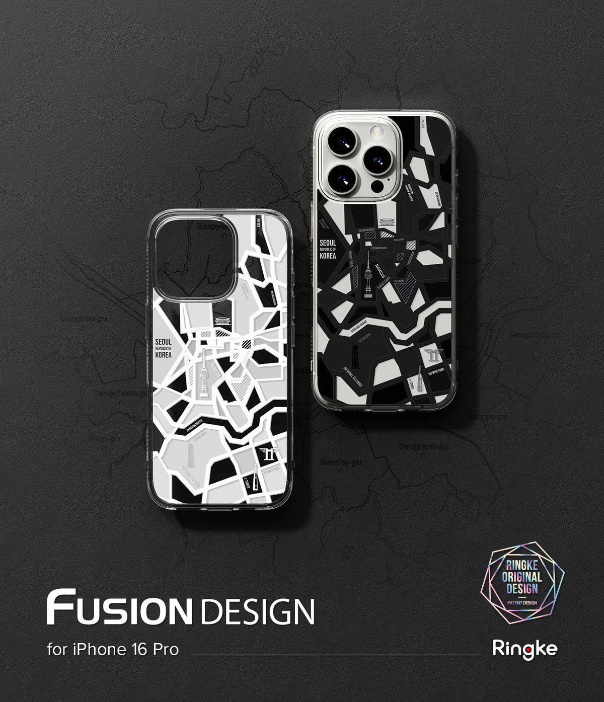 iPhone 16 Pro Case | Fusion Design - Two iPhone 16 Pro cases featuring a black and white Seoul city map design on a dark background.