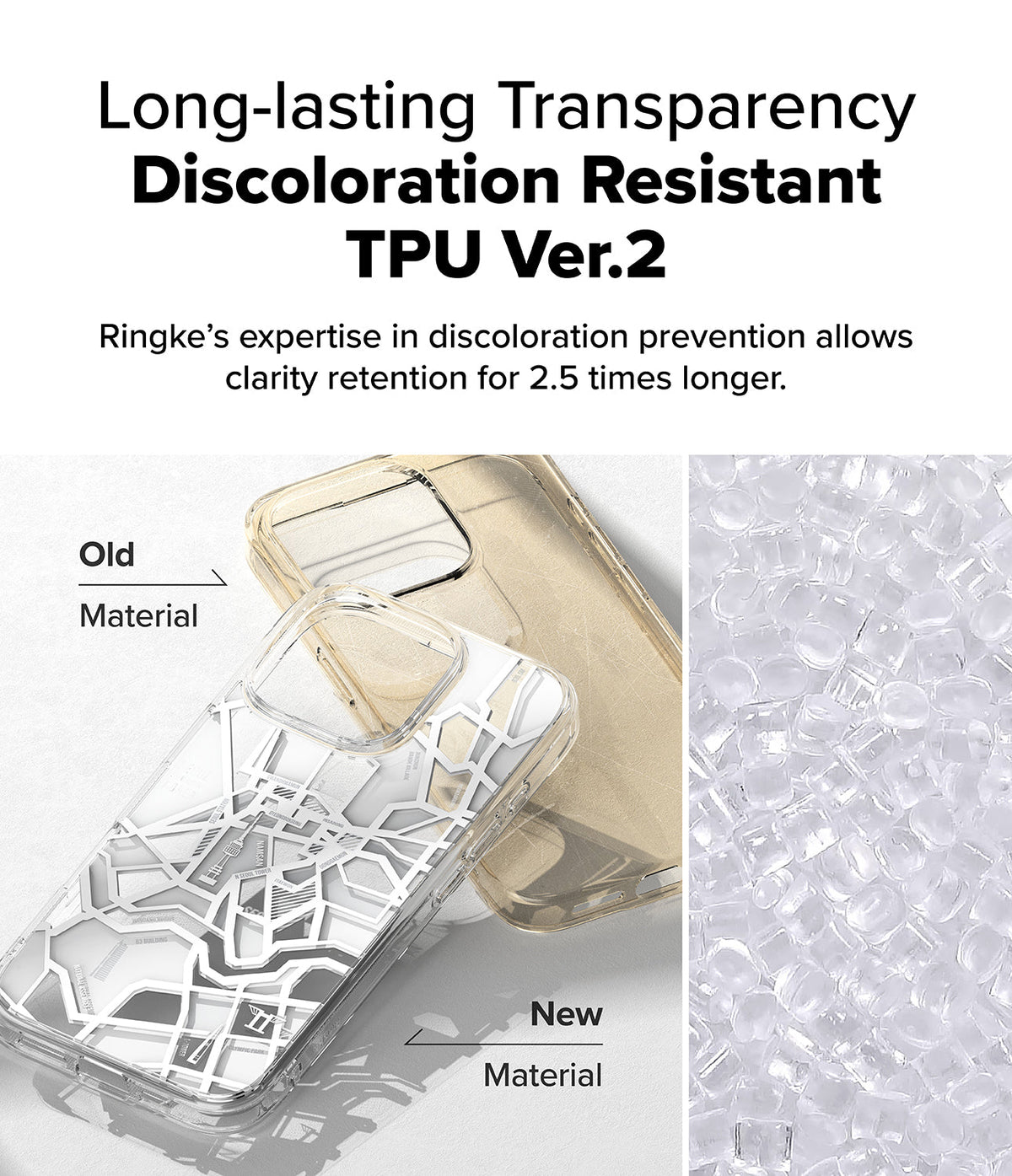 iPhone 16 Pro Case | Fusion Design - Comparison of yellowed old TPU versus clear new TPU material for phone cases.