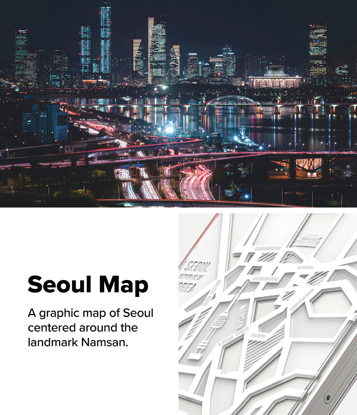 iPhone 16 Pro Case | Fusion Design - Nighttime Seoul skyline above a white 3D relief map featuring Namsan and city landmarks.