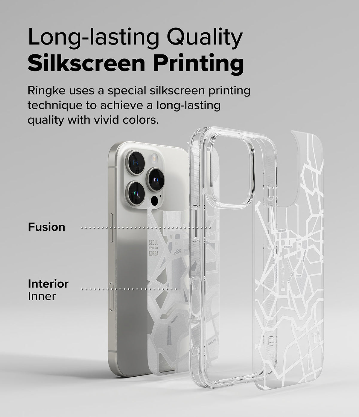 iPhone 16 Pro Case | Fusion Design - Clear phone case with white Seoul map print shown next to an iPhone 16 Pro.