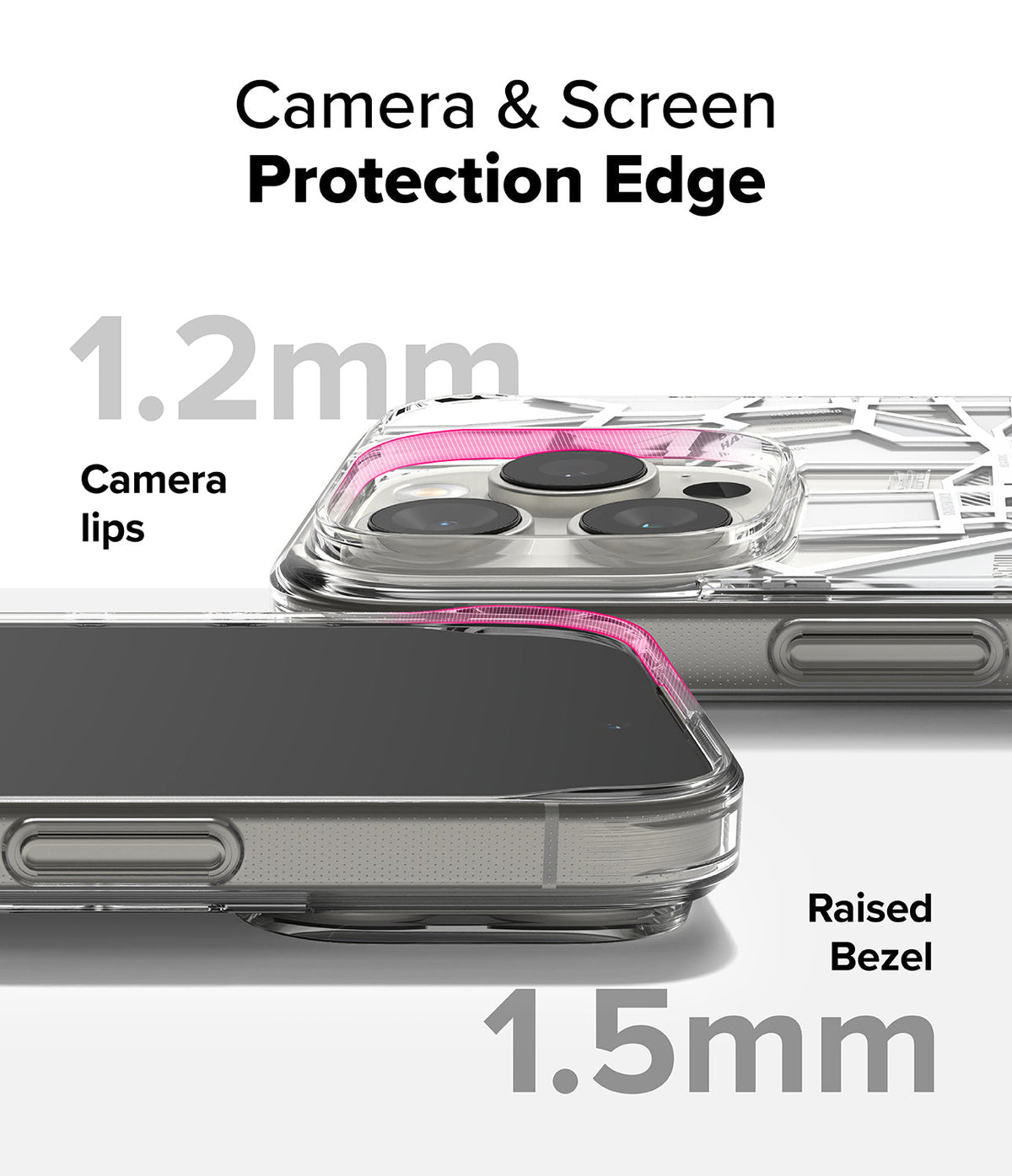 iPhone 16 Pro Case | Fusion Design - Clear phone case highlighting 1.2mm camera lips and 1.5mm raised screen bezel protection.