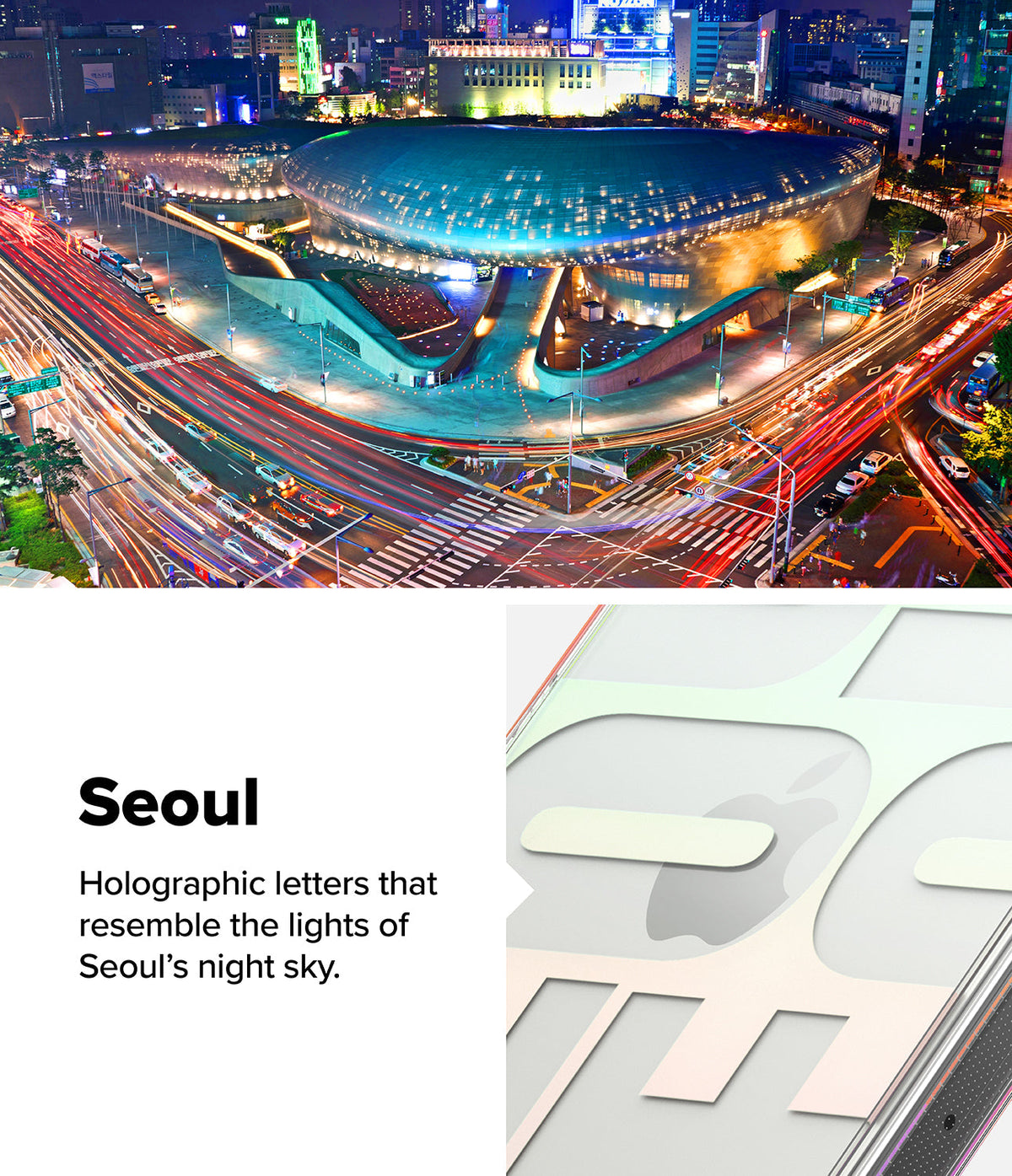 iPhone 16 Pro Case | Fusion Design - Seoul night cityscape above a close-up of a phone case with holographic lettering.