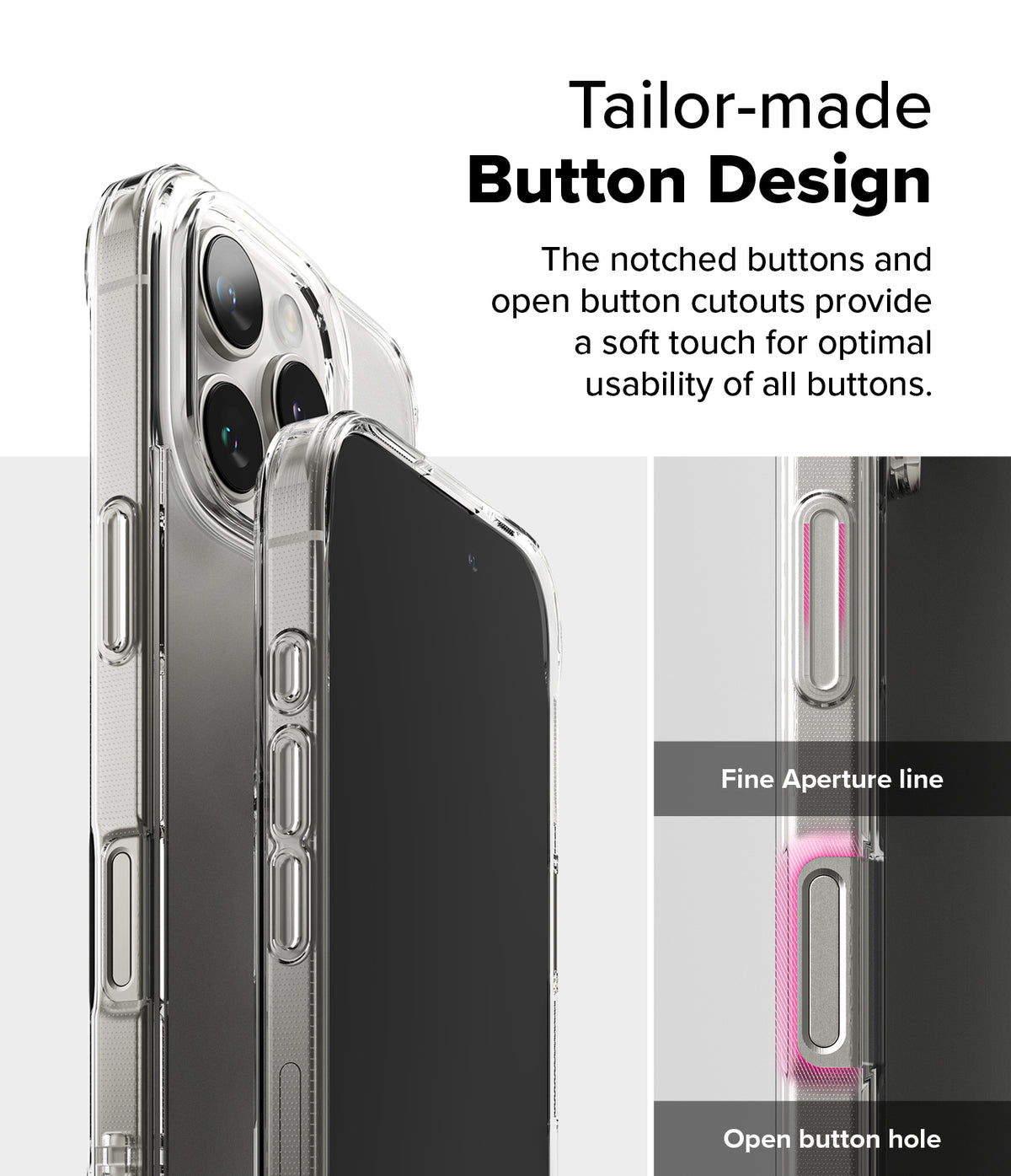 iPhone 16 Pro Case | Fusion Matte - Close-up of clear phone case buttons with highlighted cutouts and aperture lines for tactile feedback.