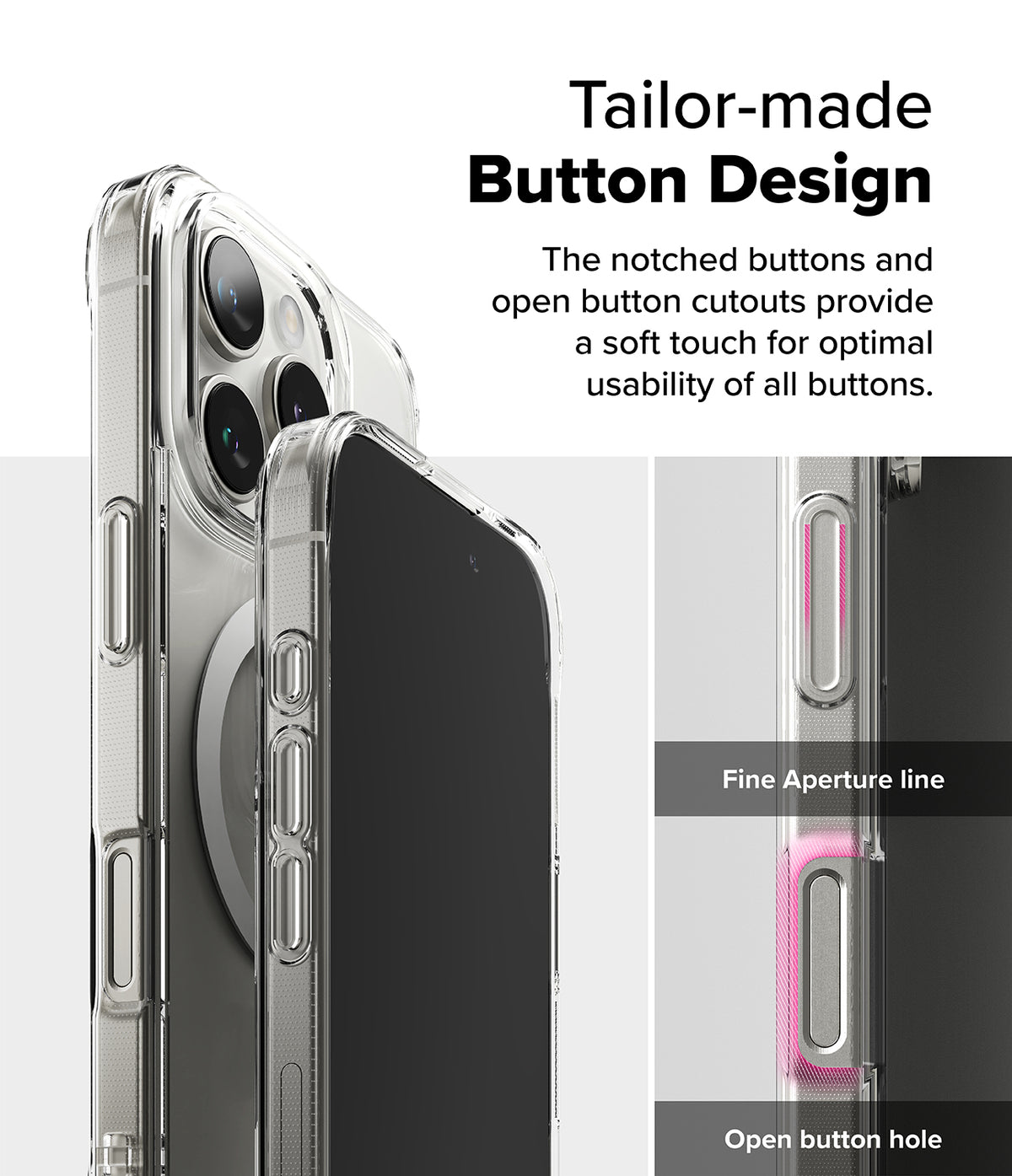 iPhone 16 Pro Case | Fusion Magnetic - Clear phone case showing detailed button cutouts and tactile design features.