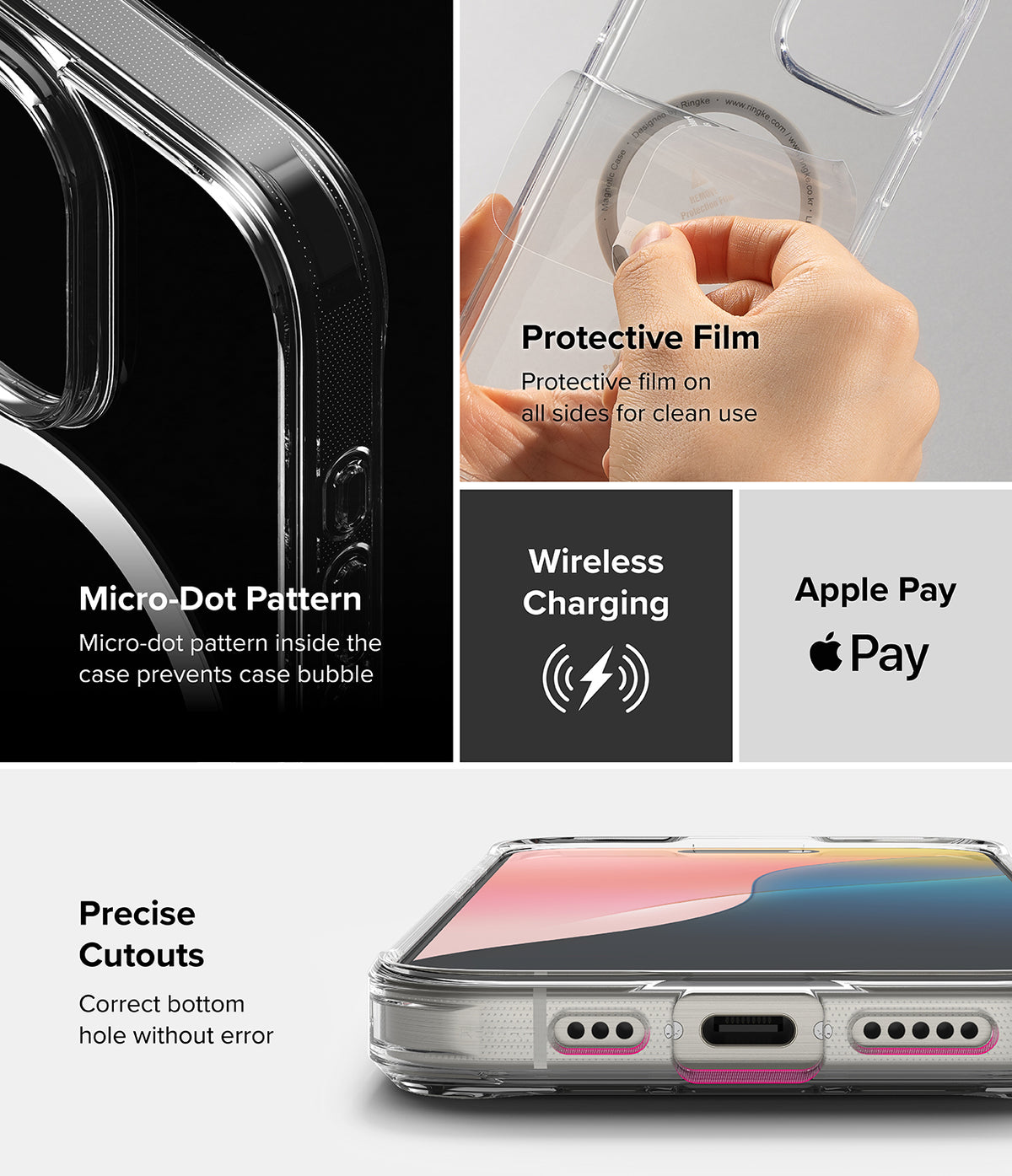 iPhone 16 Pro Case | Fusion Magnetic - Clear case features, protective film, micro-dot pattern, wireless charging, and cutouts.