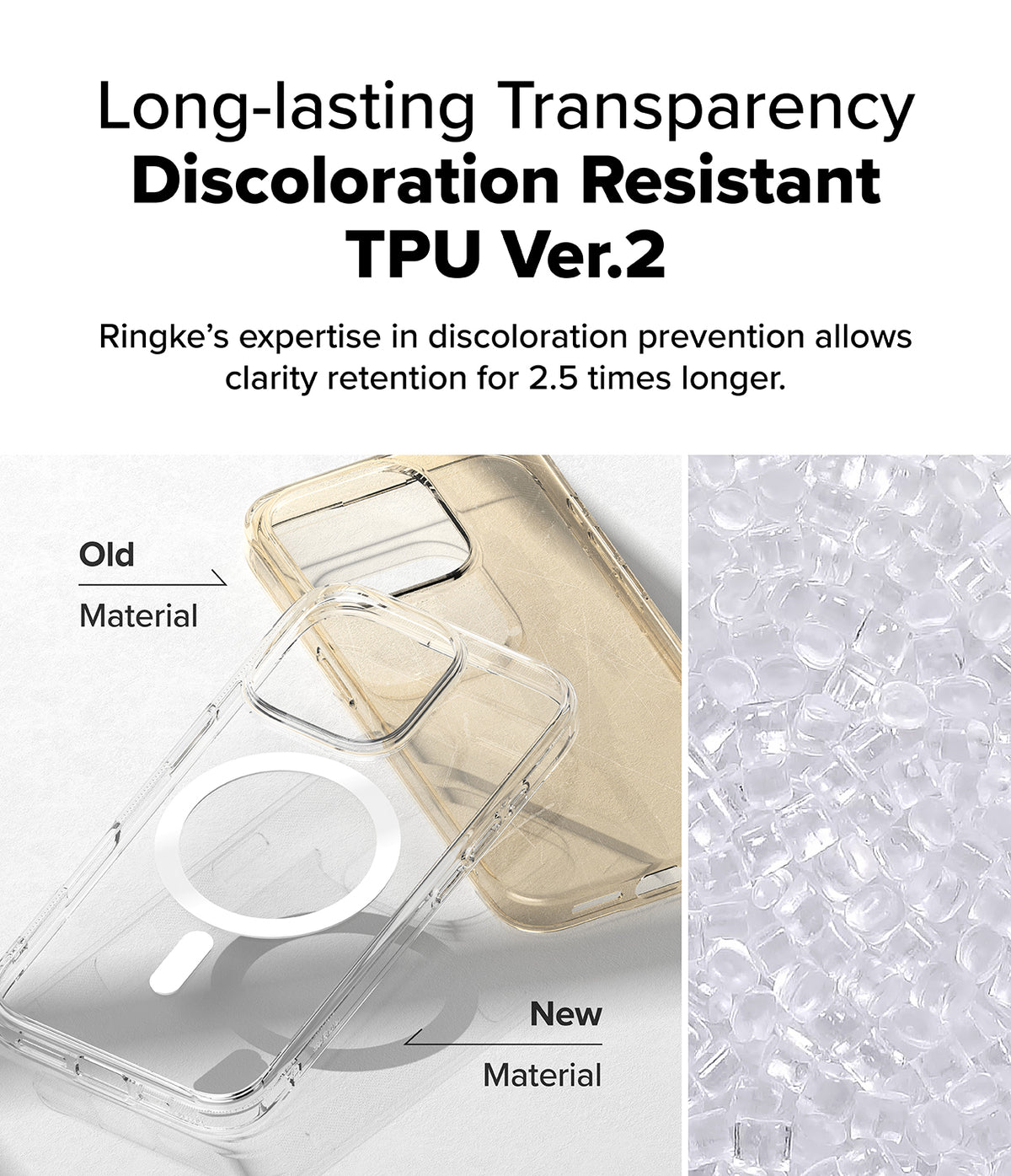 iPhone 16 Pro Case | Fusion Magnetic - Comparison of yellowed old TPU versus clear new TPU material for phone cases.