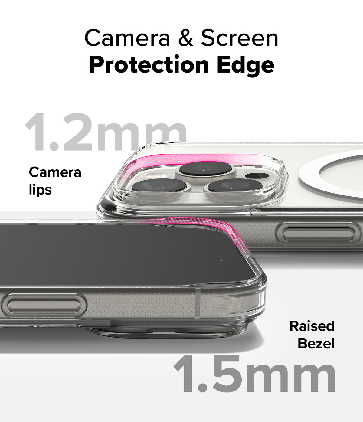 iPhone 16 Pro Case | Fusion Magnetic - Clear case showing 1.2mm camera lips and 1.5mm raised screen bezel protection.