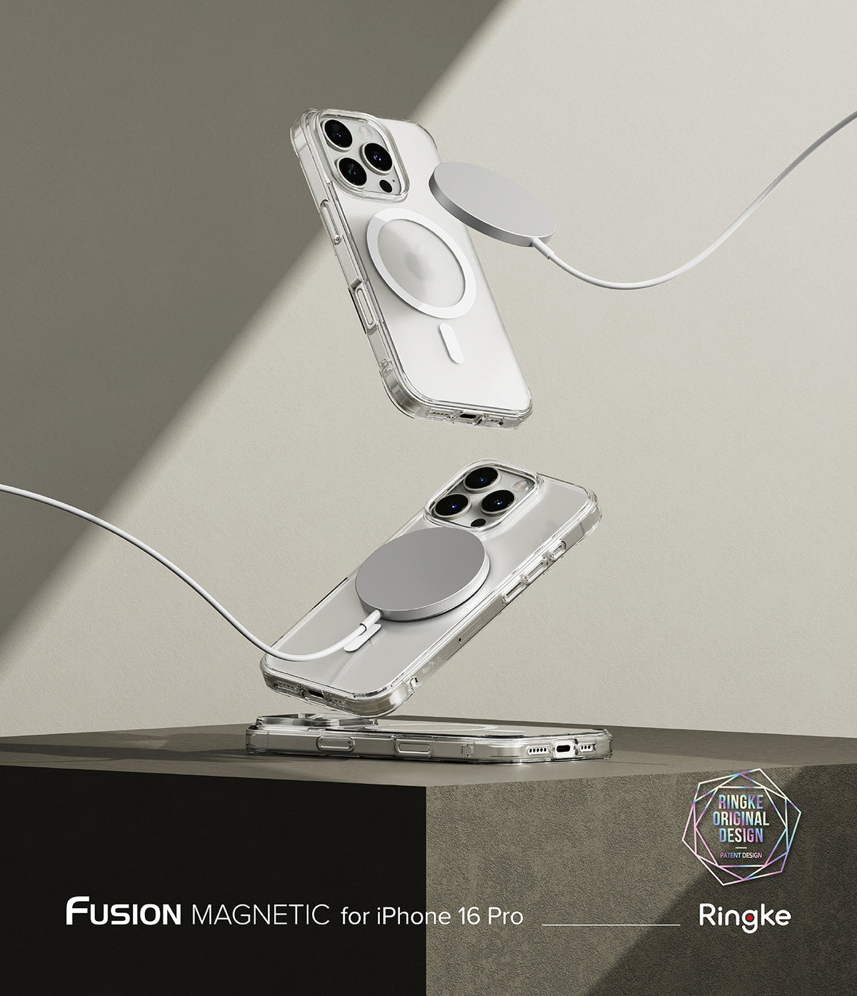 iPhone 16 Pro Case | Fusion Magnetic Matte - Two clear iPhone 16 Pro cases floating with magnetic chargers attached.