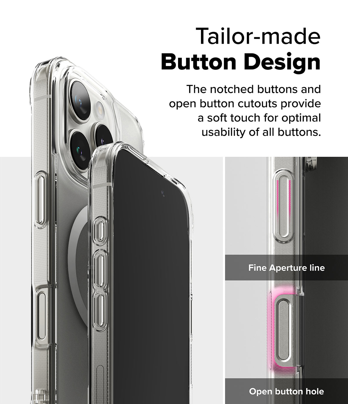 iPhone 16 Pro Case | Fusion Magnetic Matte - Close-up of clear phone case buttons highlighting aperture and cutouts.