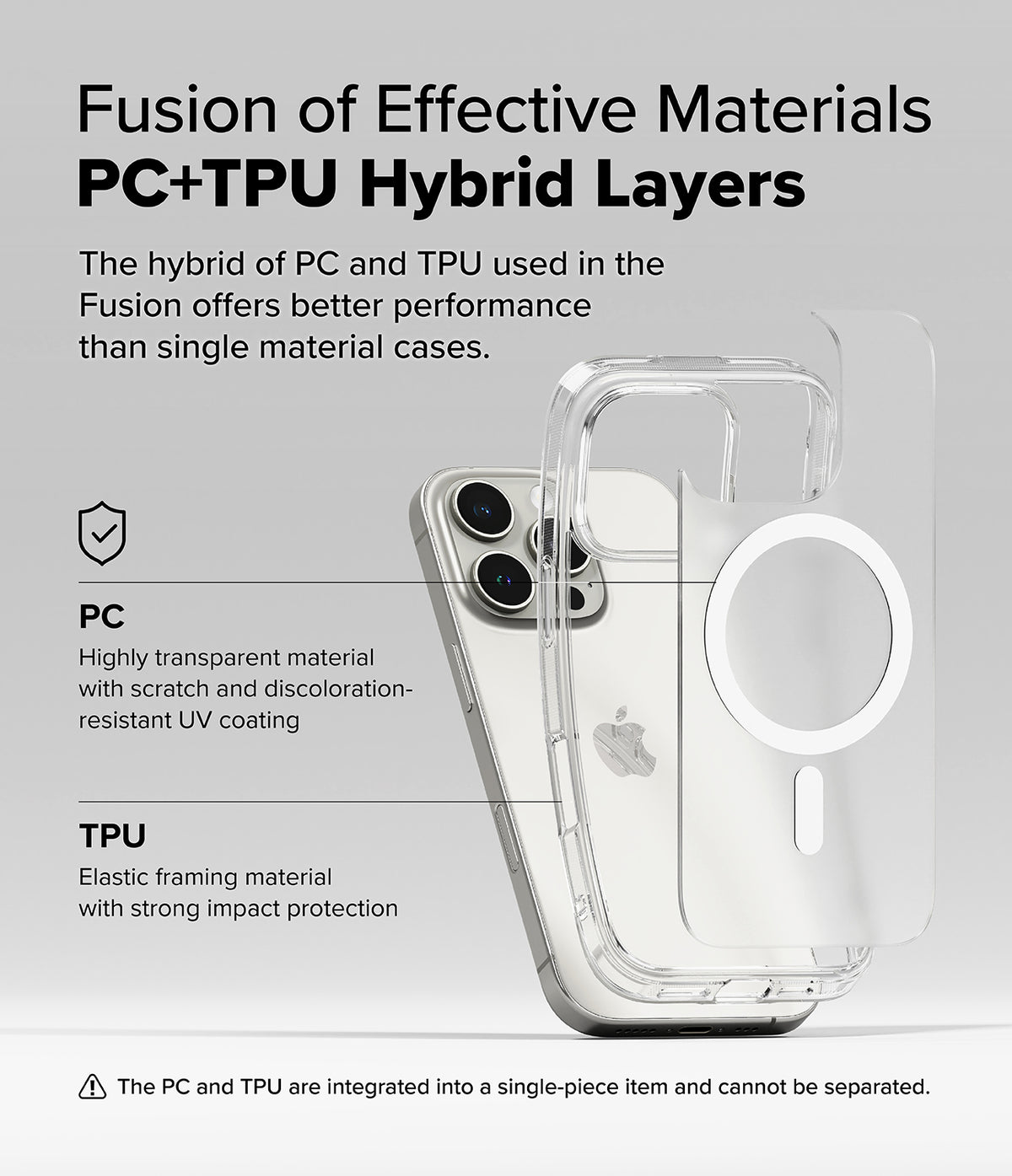 iPhone 16 Pro Case | Fusion Magnetic Matte - Exploded view of a hybrid PC and TPU phone case with MagSafe ring.