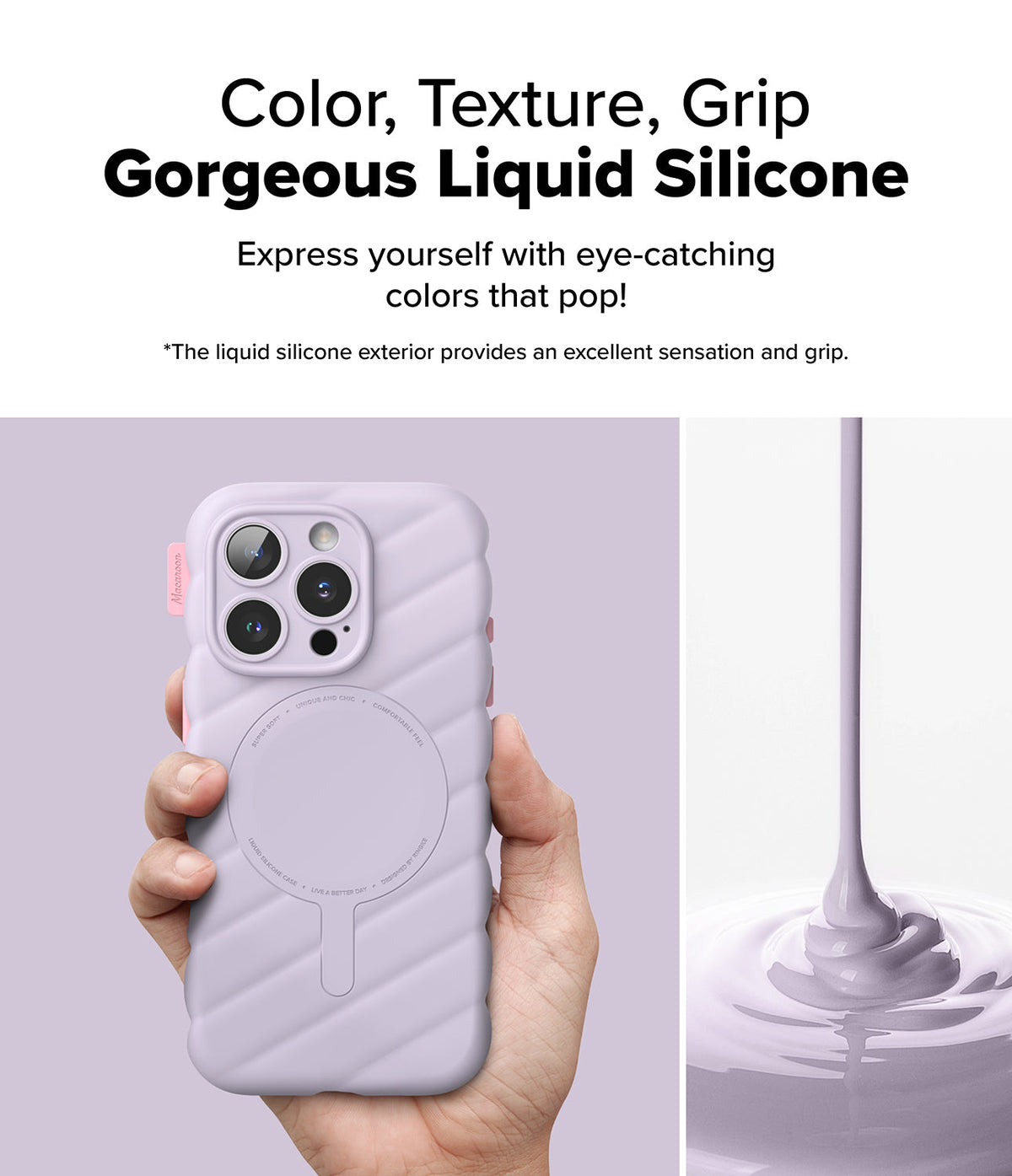 iPhone 16 Pro Case | Macaron Silicone Magnetic - Hand holding a quilted lavender silicone iPhone case with MagSafe.