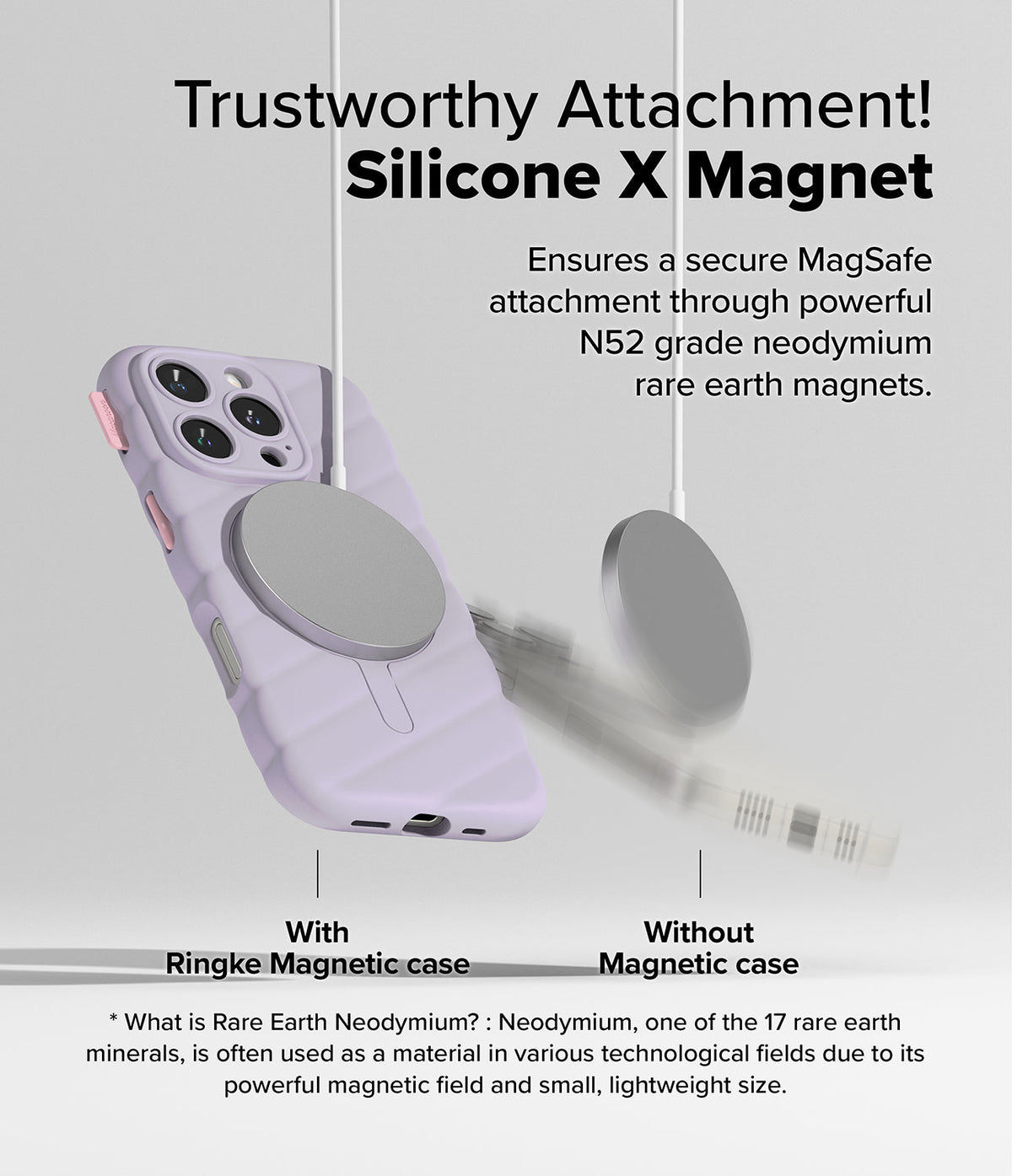 iPhone 16 Pro Case | Macaron Silicone Magnetic - Lavender silicone case with a magnetic charger attached securely.