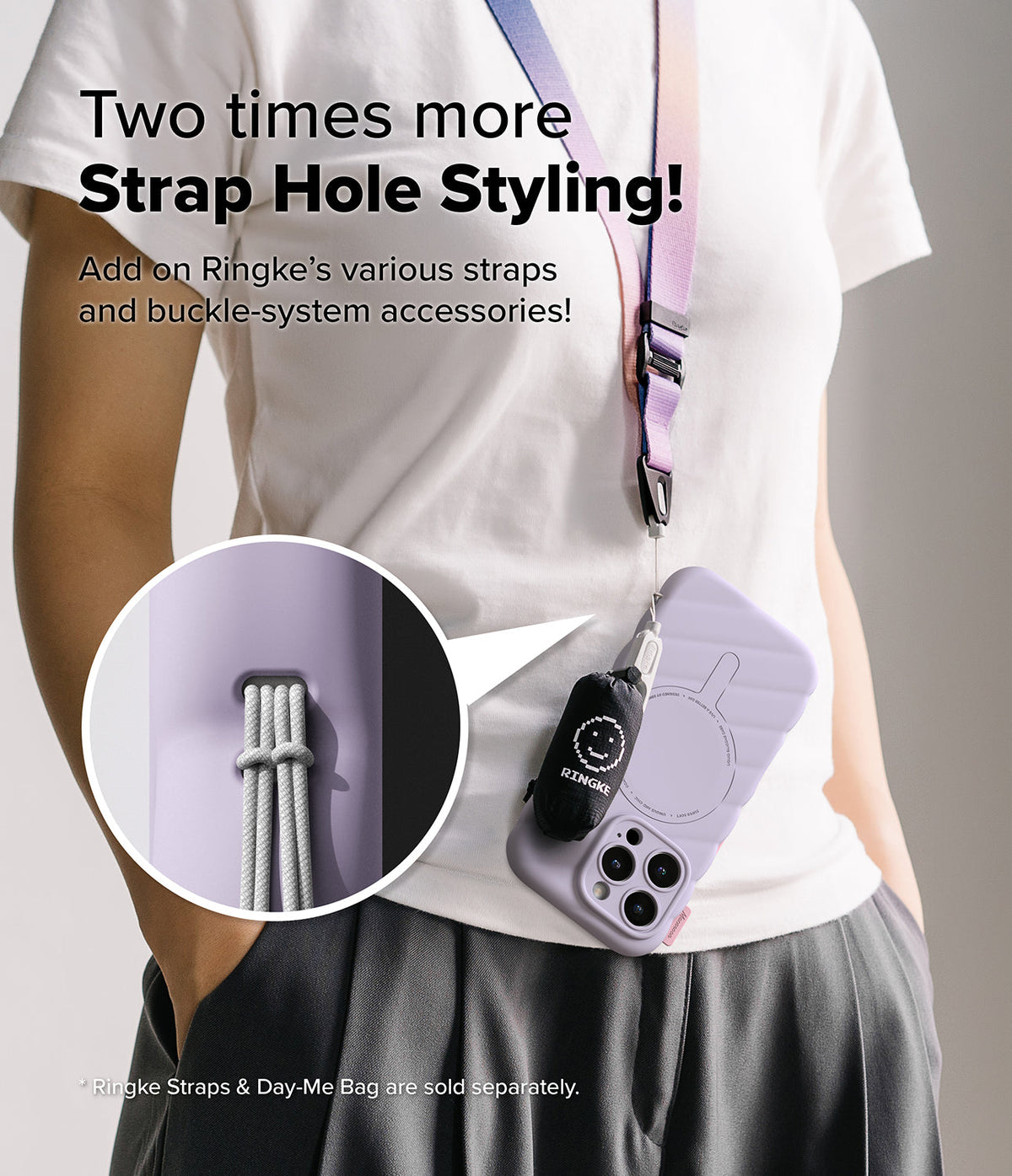 iPhone 16 Pro Case | Macaron Silicone Magnetic - Person wearing a lavender phone case with a strap and charm.