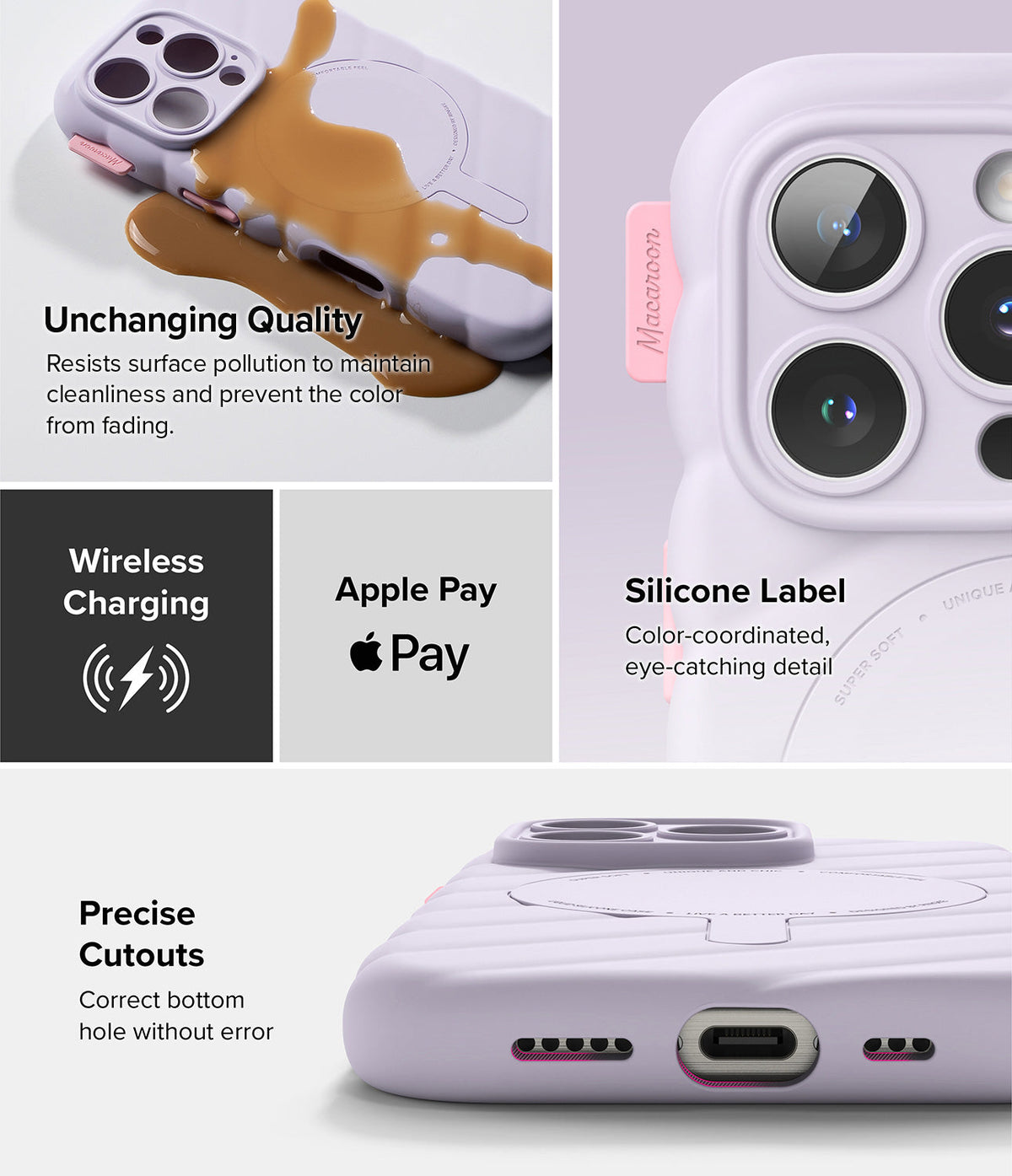 iPhone 16 Pro Case | Macaron Silicone Magnetic - Lavender silicone phone case showing magnetic ring, label, and cutouts.