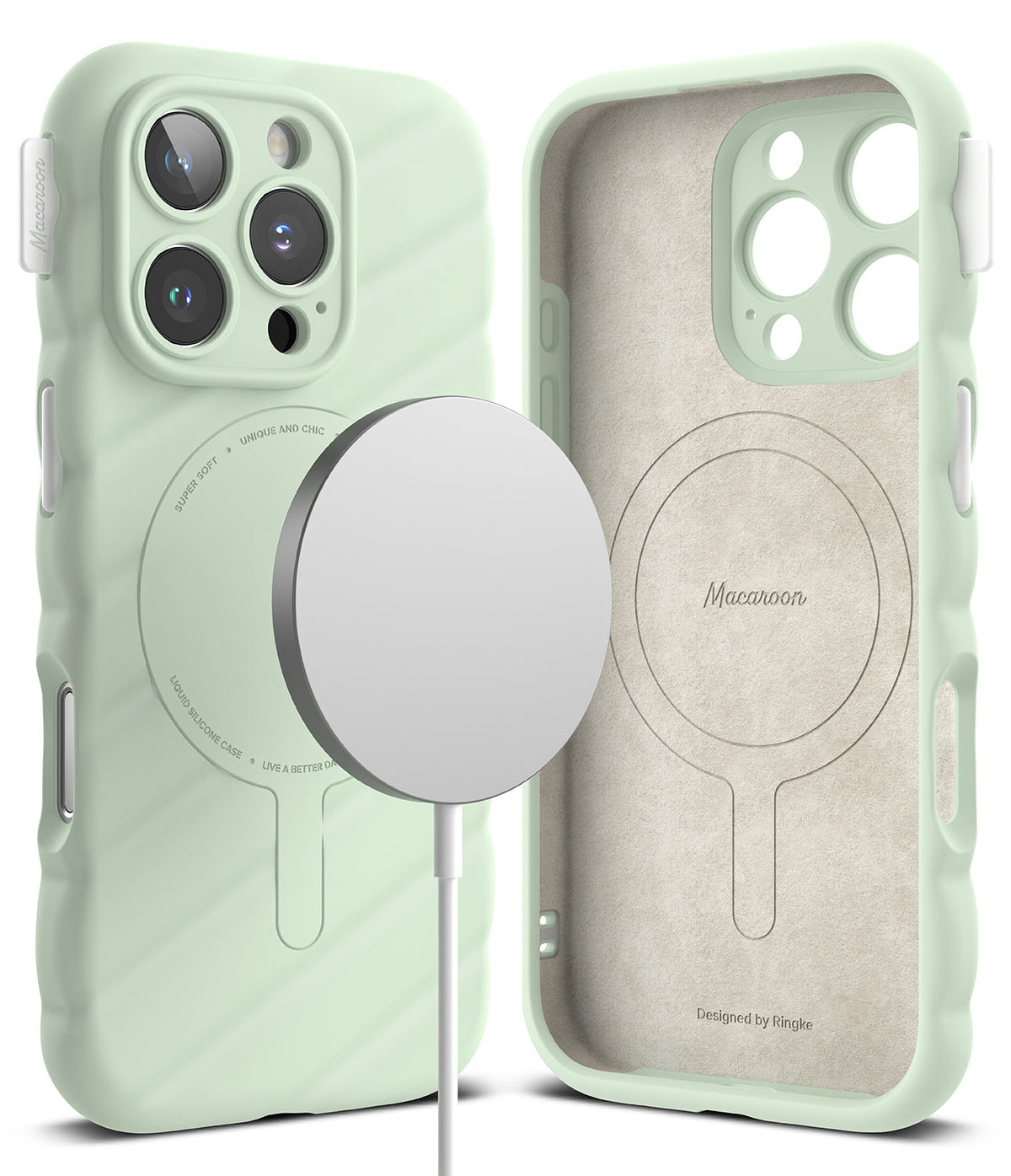iPhone 16 Pro Case | Macaron Silicone Magnetic - Mint green silicone iPhone case with MagSafe charger and interior.