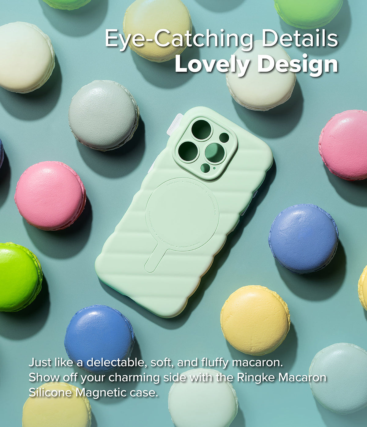 iPhone 16 Pro Case | Macaron Silicone Magnetic - Mint green magnetic phone case surrounded by colorful macarons.
