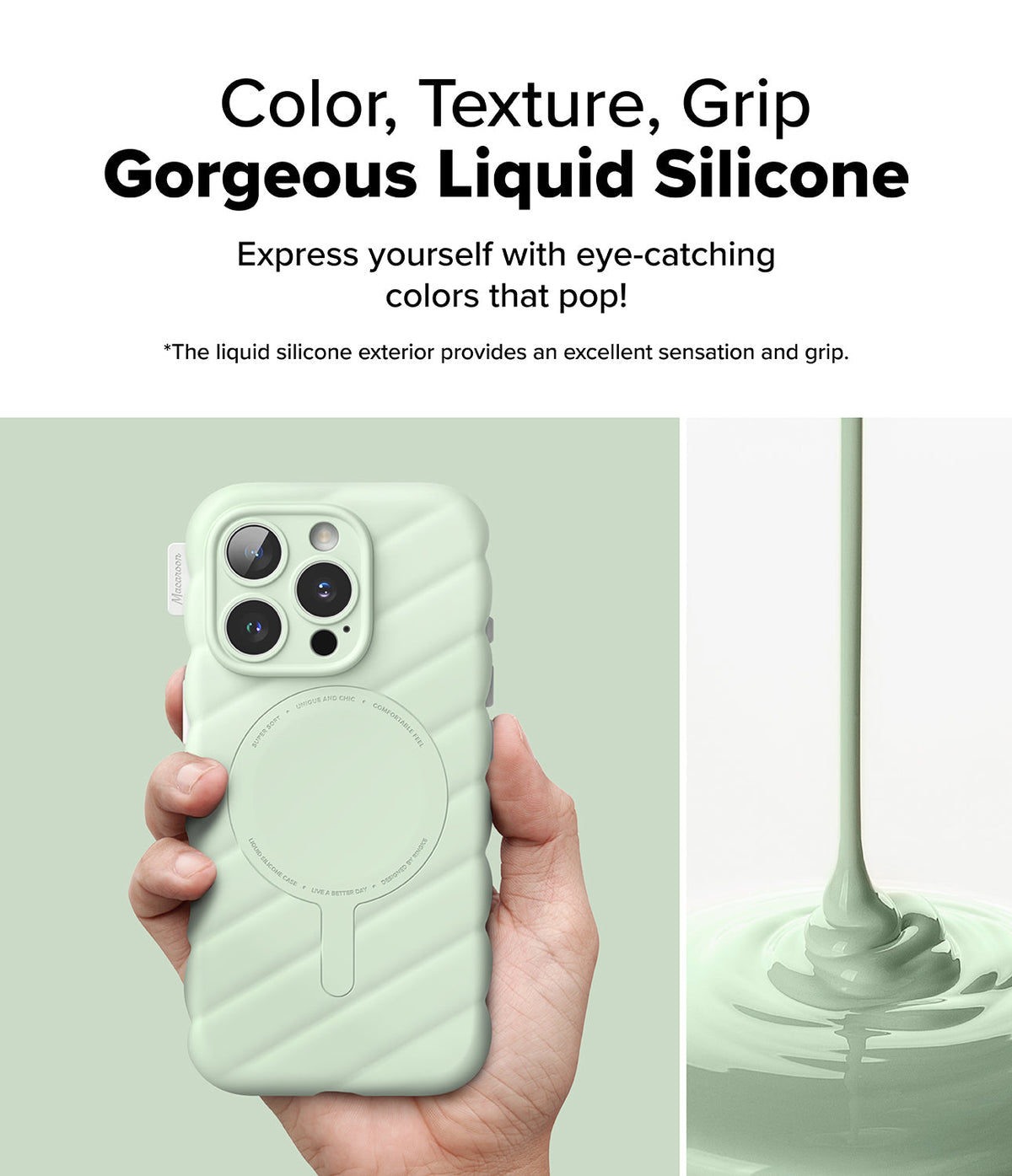 iPhone 16 Pro Case | Macaron Silicone Magnetic - Hand holding a sage green quilted silicone phone case with magnetic ring.