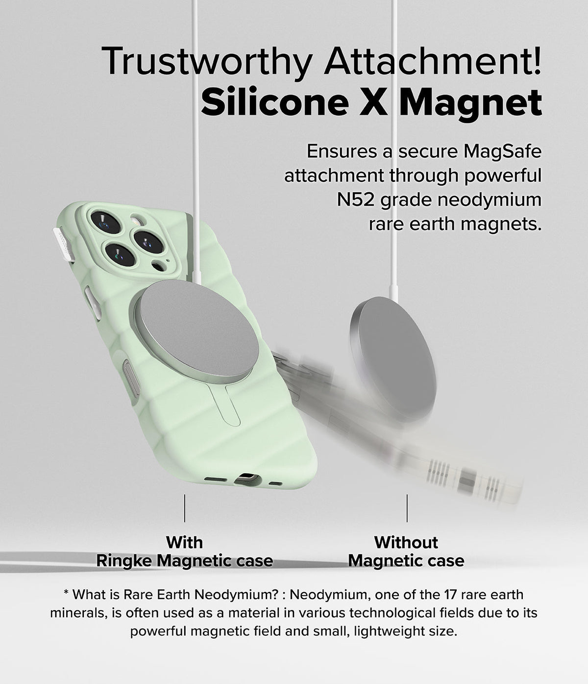 iPhone 16 Pro Case | Macaron Silicone Magnetic - A light green quilted phone case securely attached to a magnetic charger.