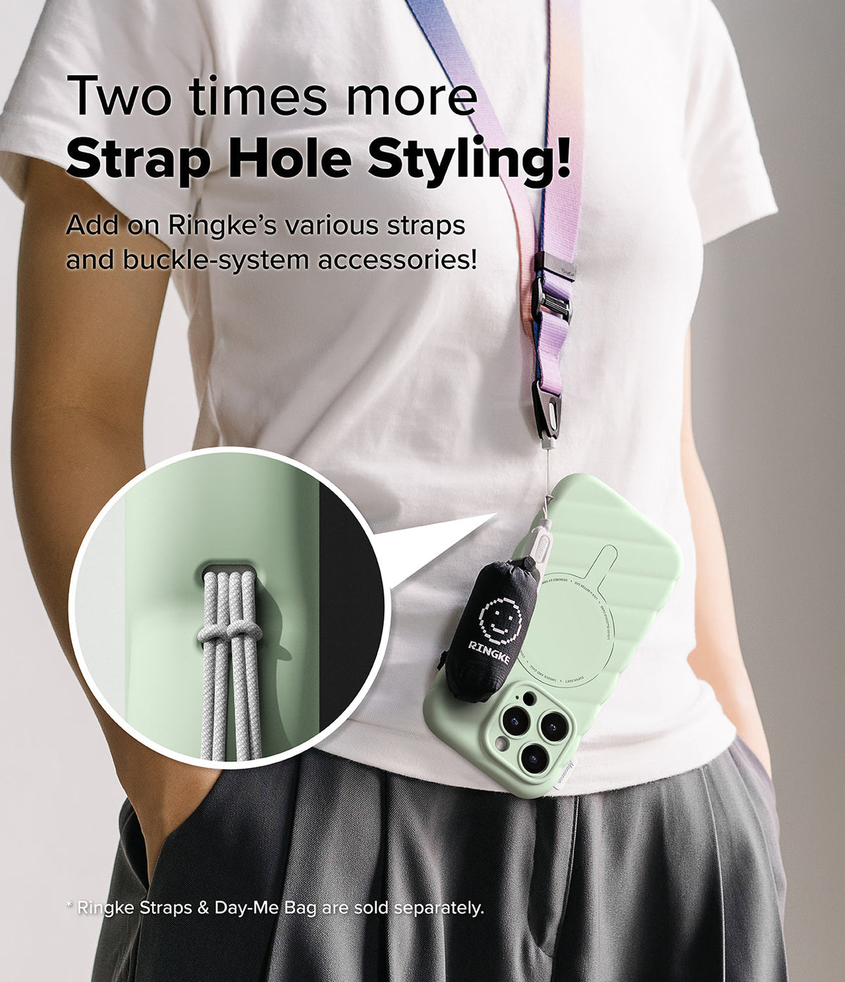 iPhone 16 Pro Case | Macaron Silicone Magnetic - Mint green phone case with strap holes, worn with a lanyard and charm.