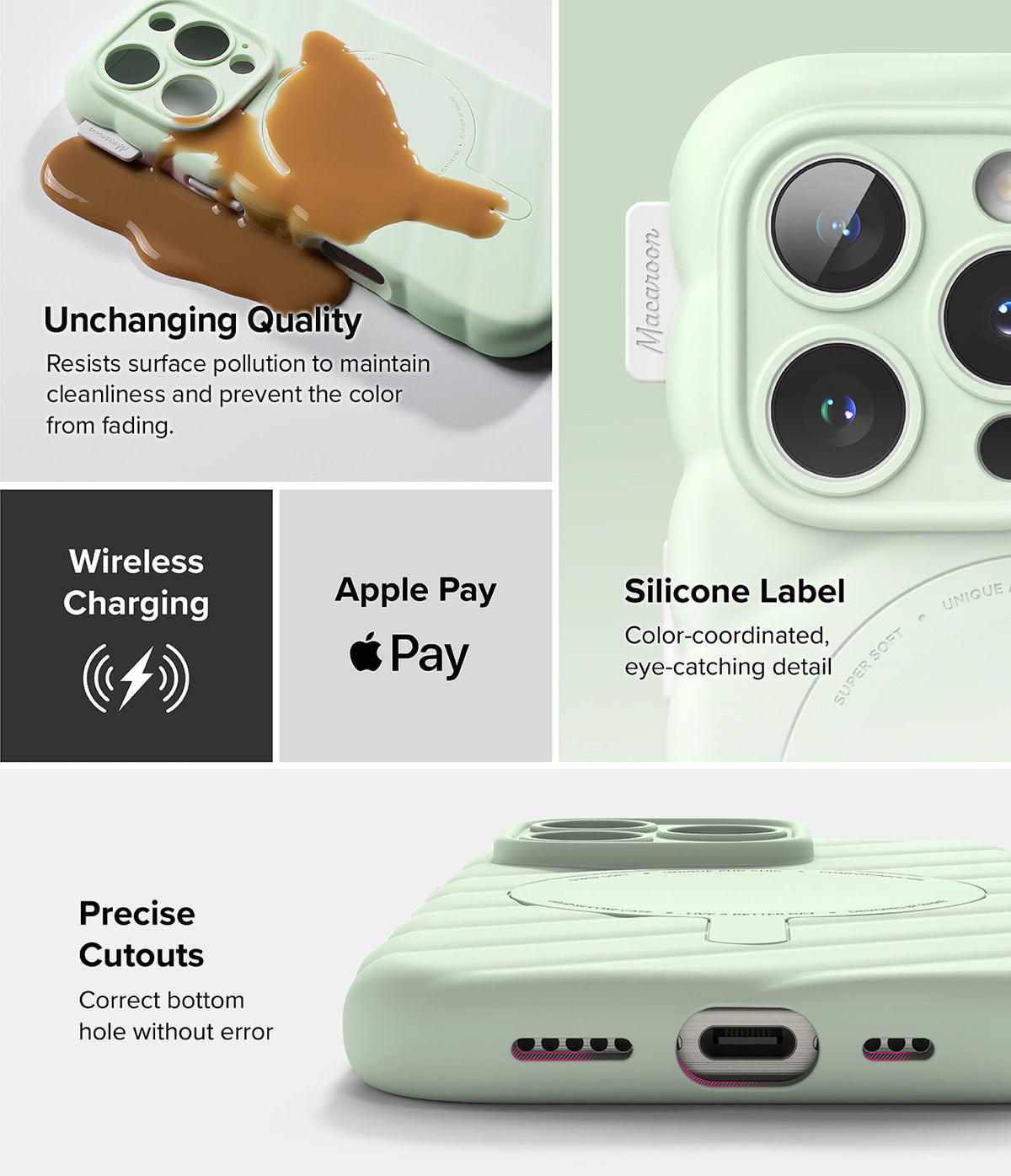 iPhone 16 Pro Case | Macaron Silicone Magnetic - Features showing stain resistance, wireless charging, and precise cutouts.