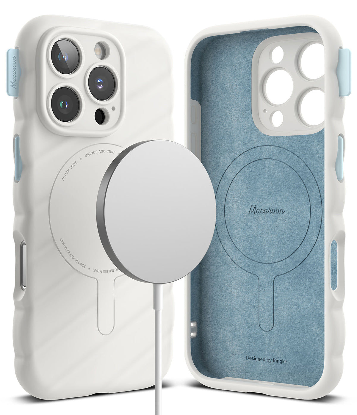 iPhone 16 Pro Case | Macaron Silicone Magnetic - White silicone case with blue interior and magnetic charging disc.