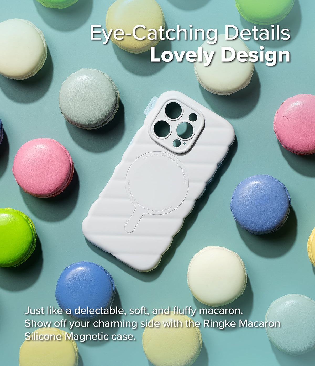 iPhone 16 Pro Case | Macaron Silicone Magnetic - White quilted silicone phone case surrounded by colorful macarons.