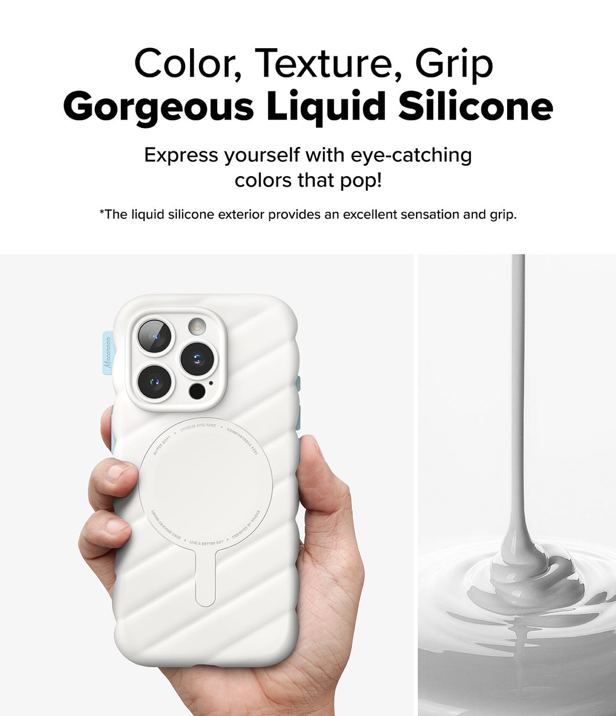 iPhone 16 Pro Case | Macaron Silicone Magnetic - Hand holding a white quilted silicone iPhone case with magnetic ring.