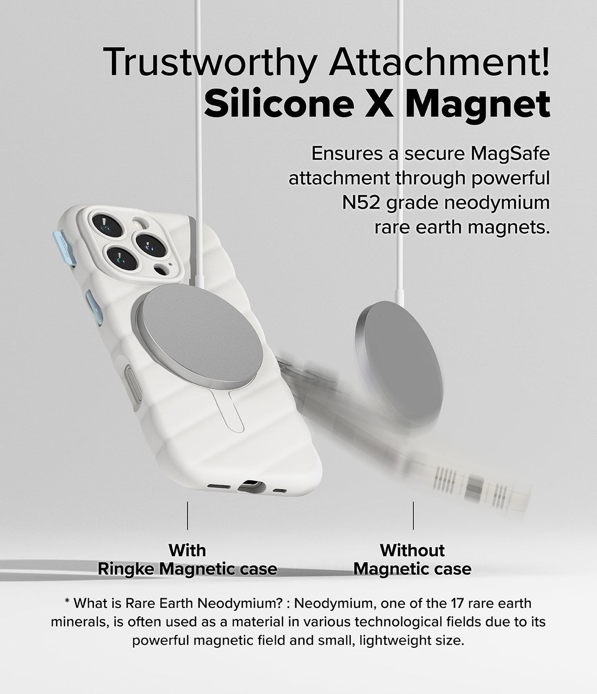 iPhone 16 Pro Case | Macaron Silicone Magnetic - White quilted case with MagSafe charger attached versus falling phone.